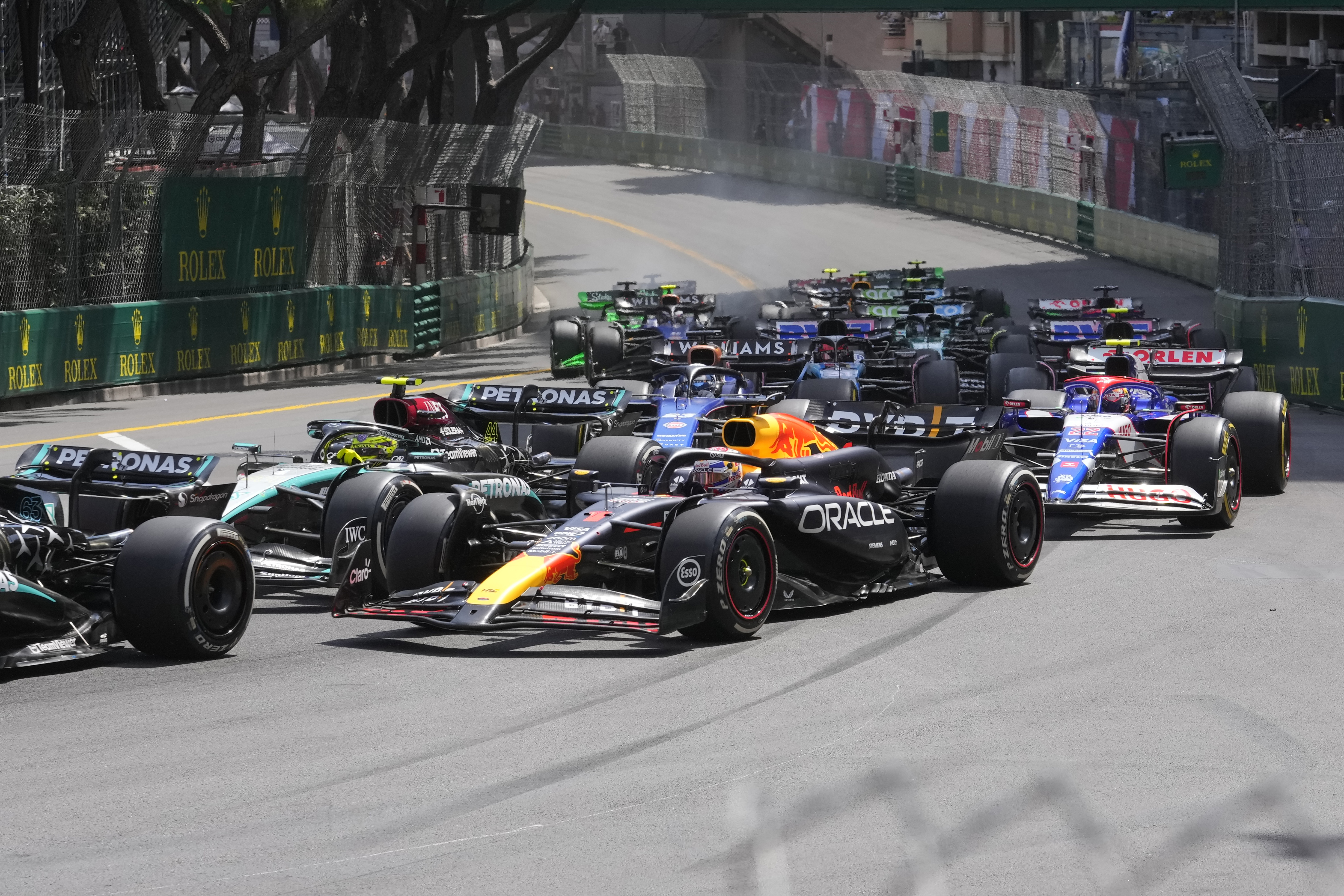 Red Bull driver Max Verstappen of the Netherlands, centre, steers his car during the Formula 1 Monaco Grand Prix.