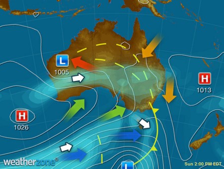 Synoptic chart from 2pm Sun 27th AEDT.