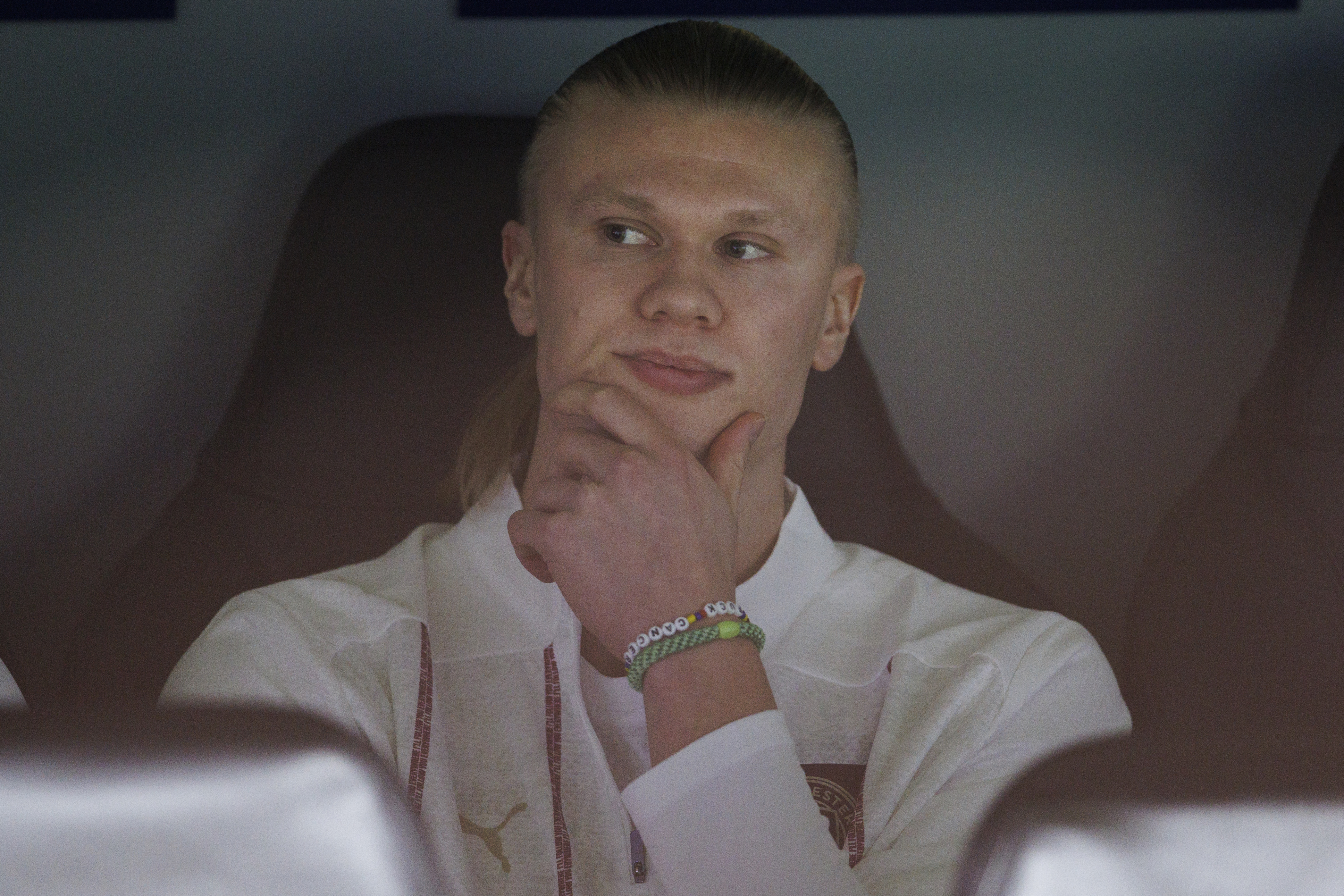 Erling Haaland of Manchester City sits on the bench.