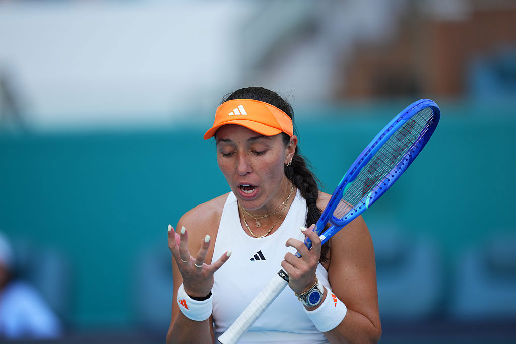 Jessica Pegula of the United States reacts against Elena Rybakina of Kazakhstan.