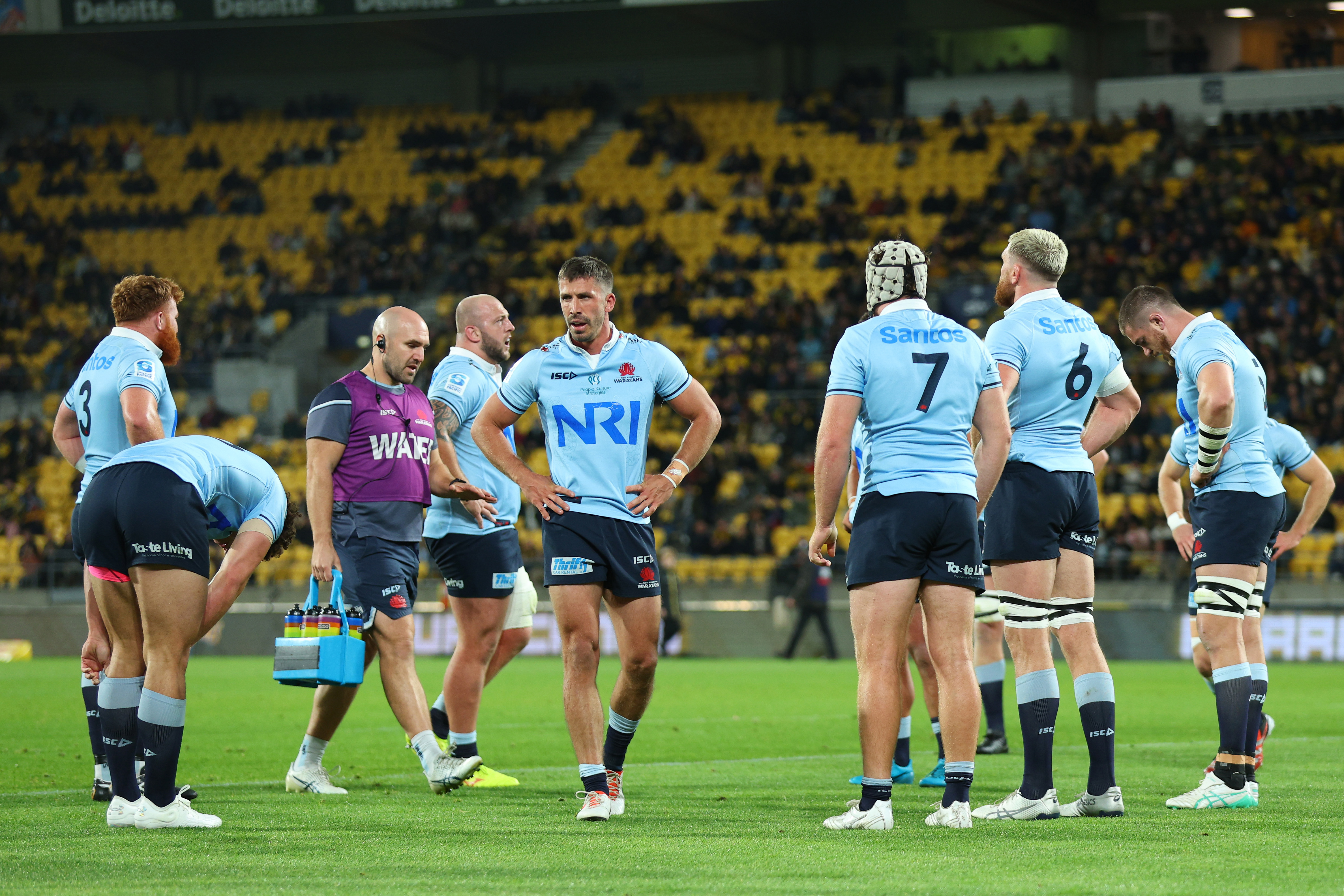 Jake Gordon of the Waratahs looks dejected during the round 11 Super Rugby Pacific match between Hurricanes and NSW Waratahs.