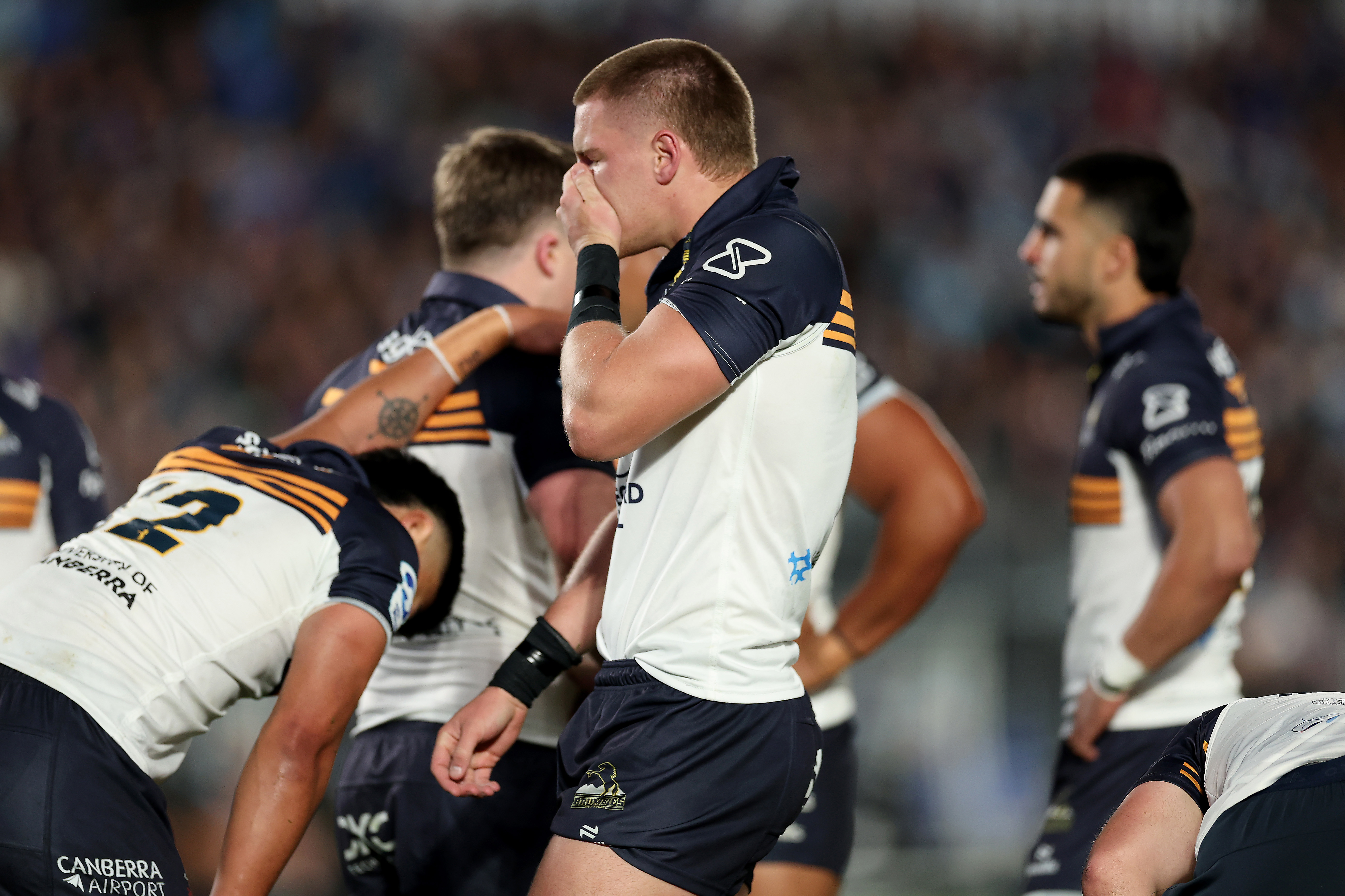 Charlie Cale reacts during the Super Rugby Pacific semi-final match between Blues and Brumbies at Eden Park.