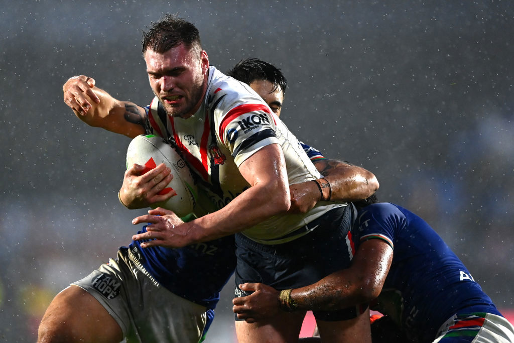 Angus Crichton of the Roosters charges forward at Mt Smart Stadium.
