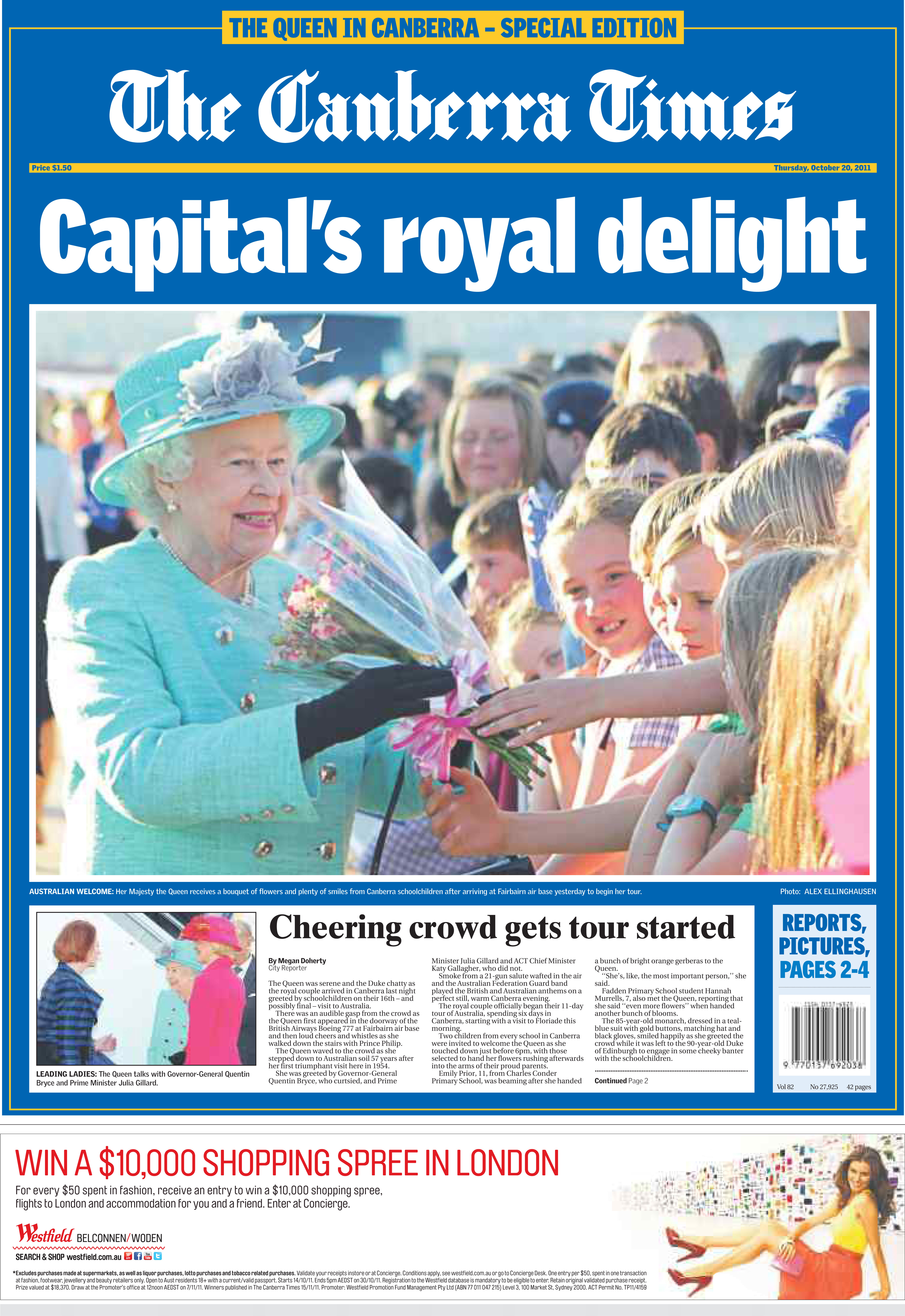 A front page of The Canberra Times shows the Queen beginning her last tour of Australia.