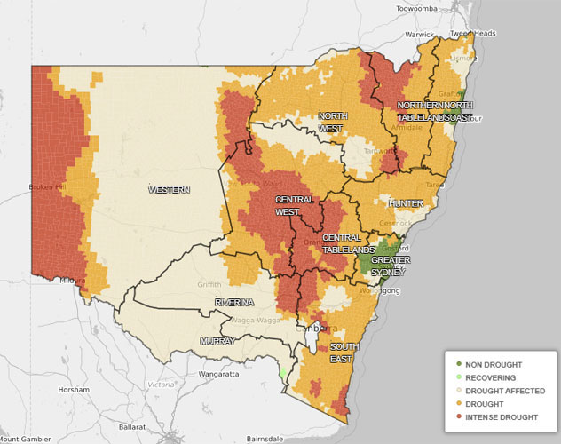 A current drought map of NSW, showing the Sydney basin and parts of the northern tablelands are now out of drought. 