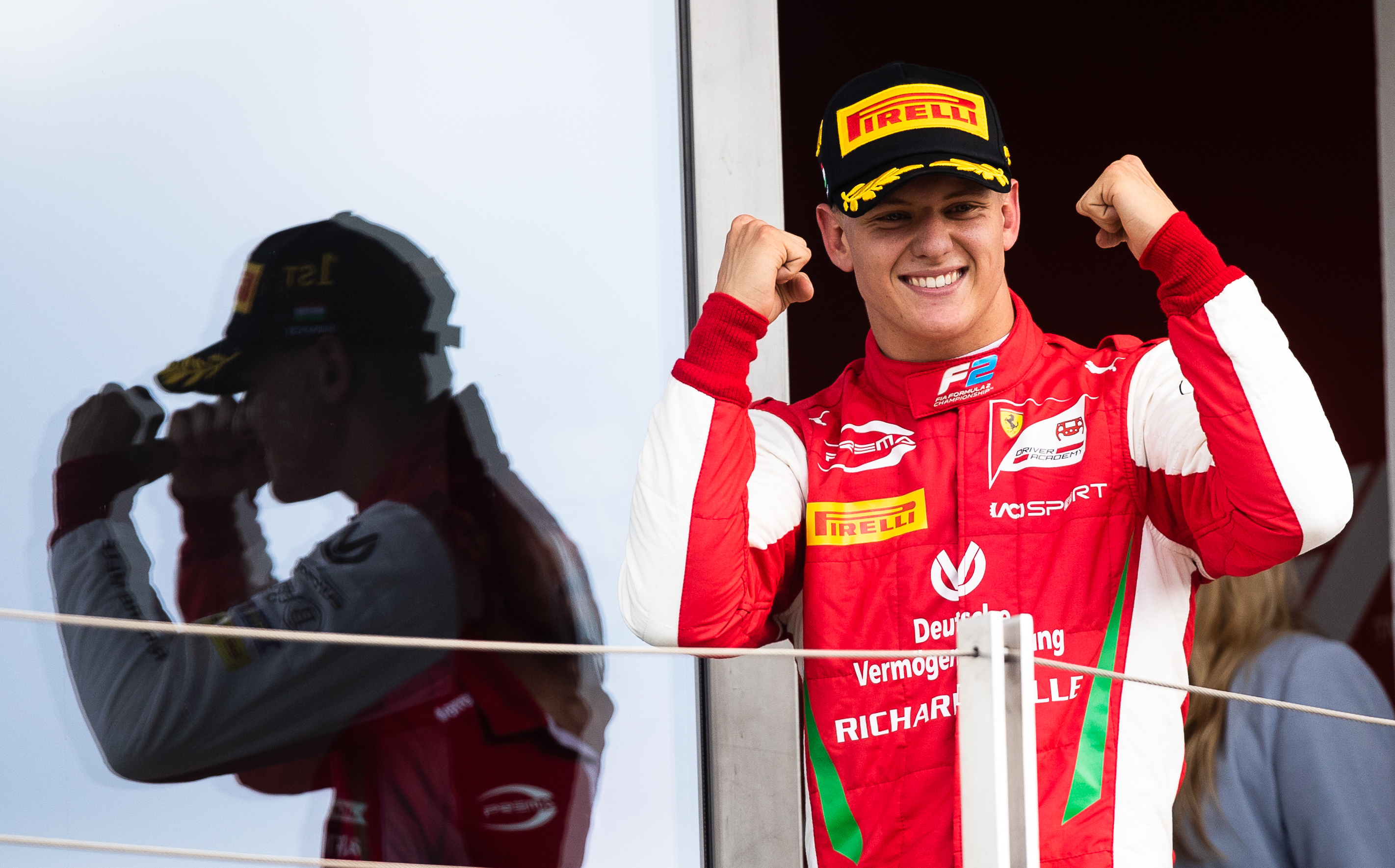 Mick Schumacher celebrates at the Formula 2 Grand Prix at Hungaroring.