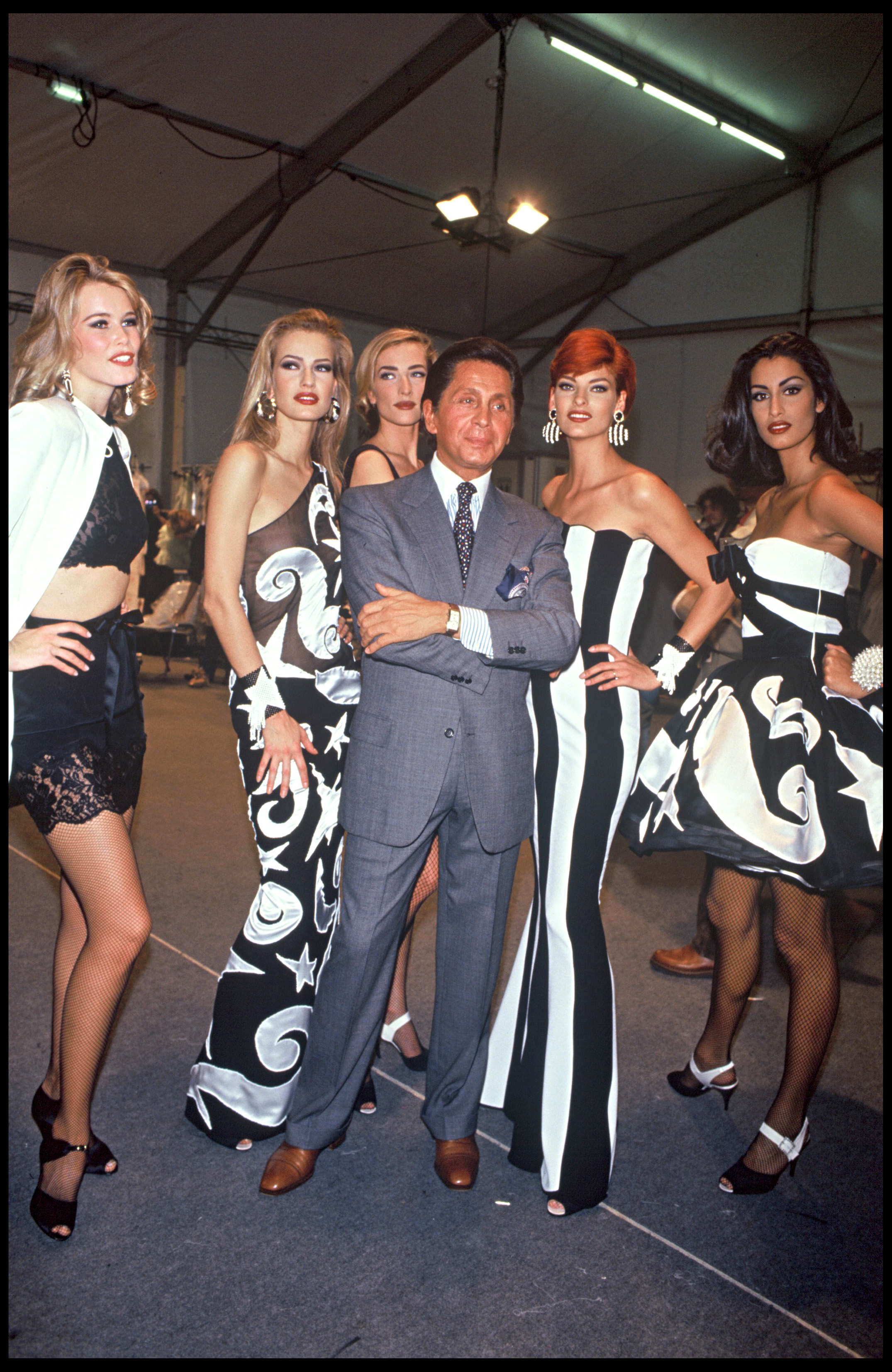 Claudia Schiffer, Karen Mulder and Linda Evangelista with Valentino in 1992