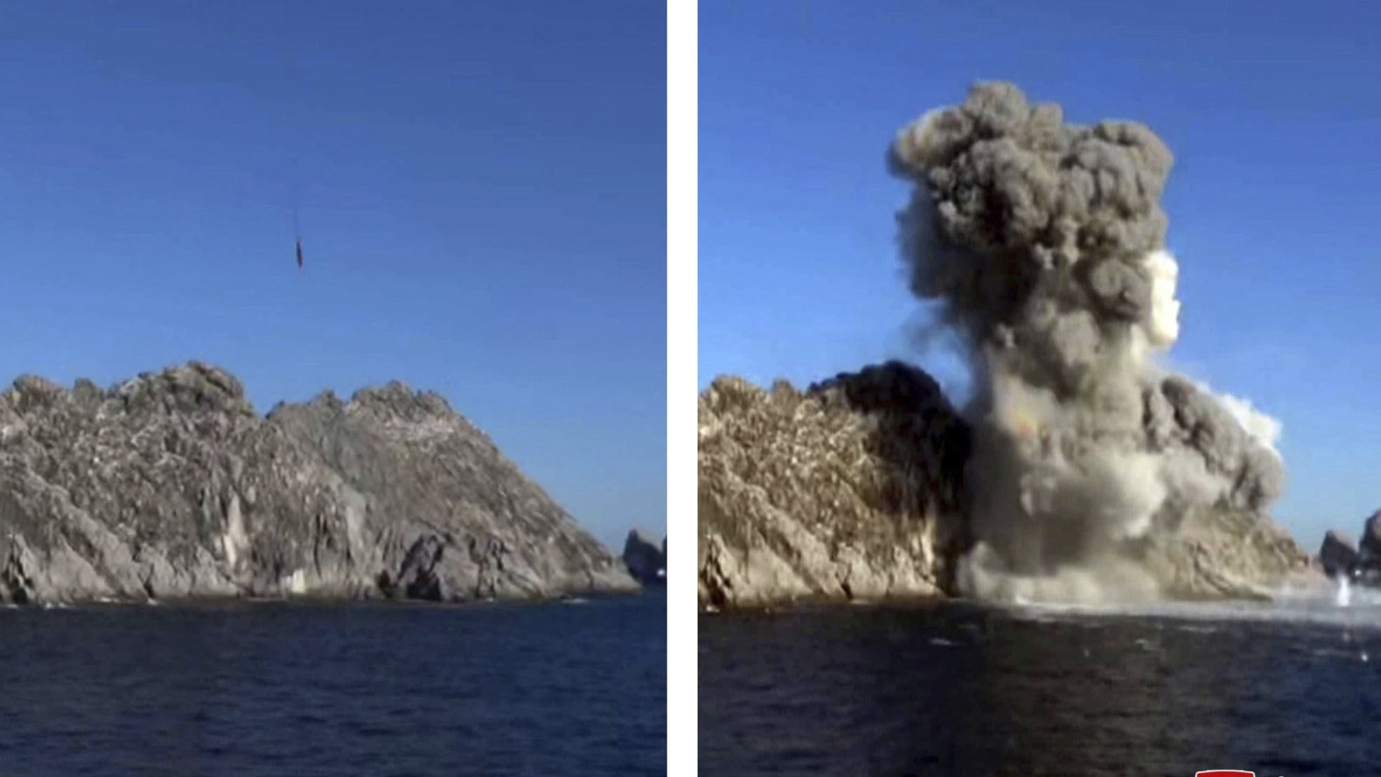 This combination of two photos provided on Jan. 15, 2022, by the North Korean government shows a landscape with cliffs and water exploding in a cloud of smoke during a missile test from a train in North Pyongan Province, North Korea.