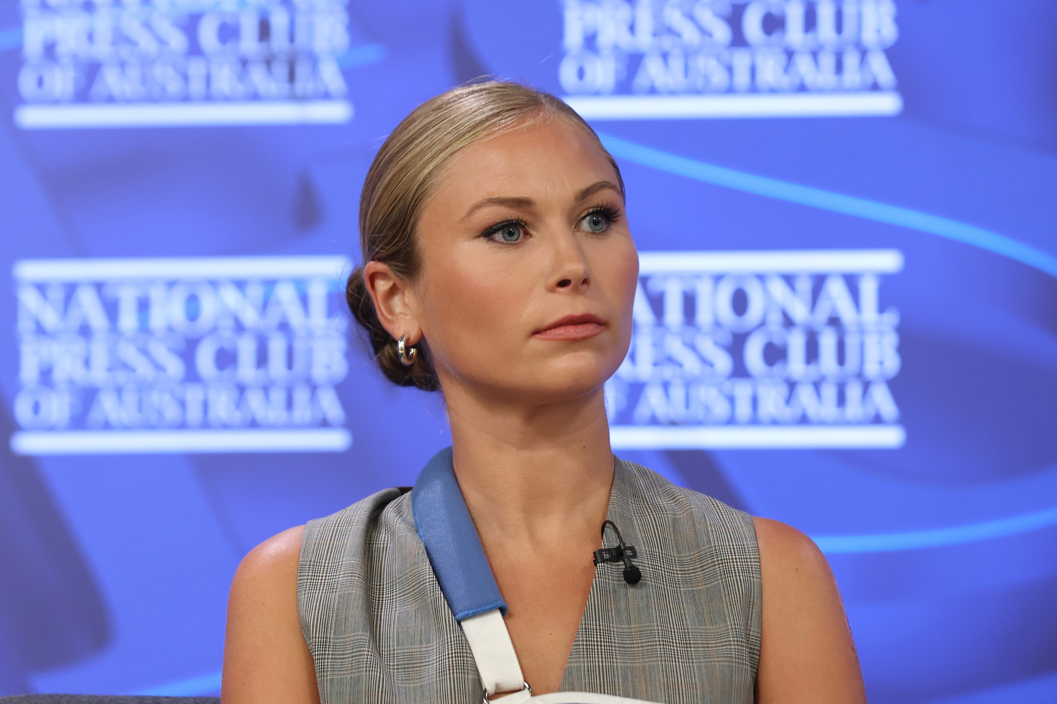 Advocate for survivors of sexual assault and abuse, Grace Tame during their address to the National Press Club of Australia in Canberra on Wednesday 9 February 2022. fedpol Photo: Alex Ellinghausen