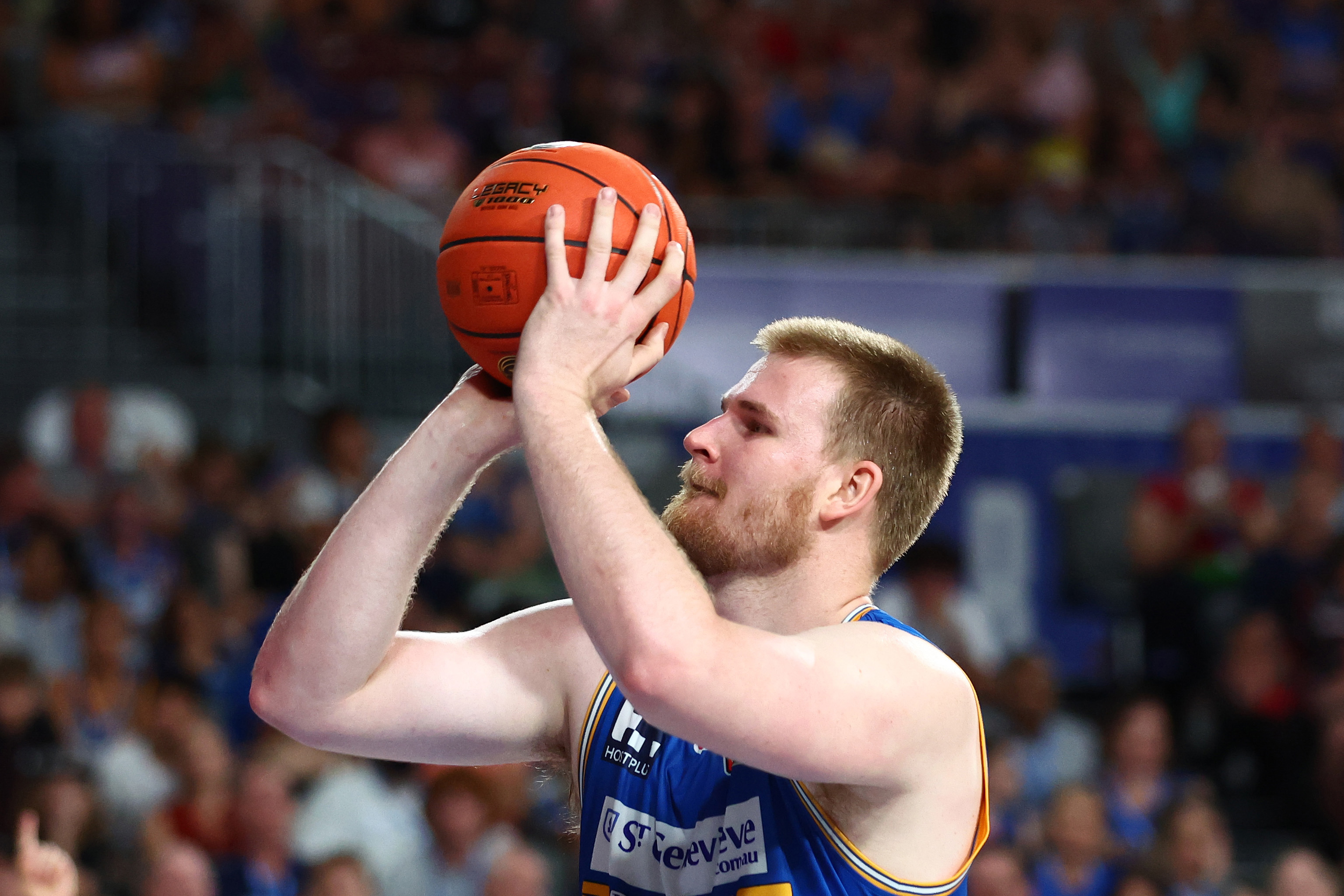 Harry Froling of the Bullets in shoots during the round 15 NBL match between Brisbane Bullets and Sydney Kings at Nissan Arena, on January 11, 2023, in Brisbane, Australia. (Photo by Chris Hyde/Getty Images)