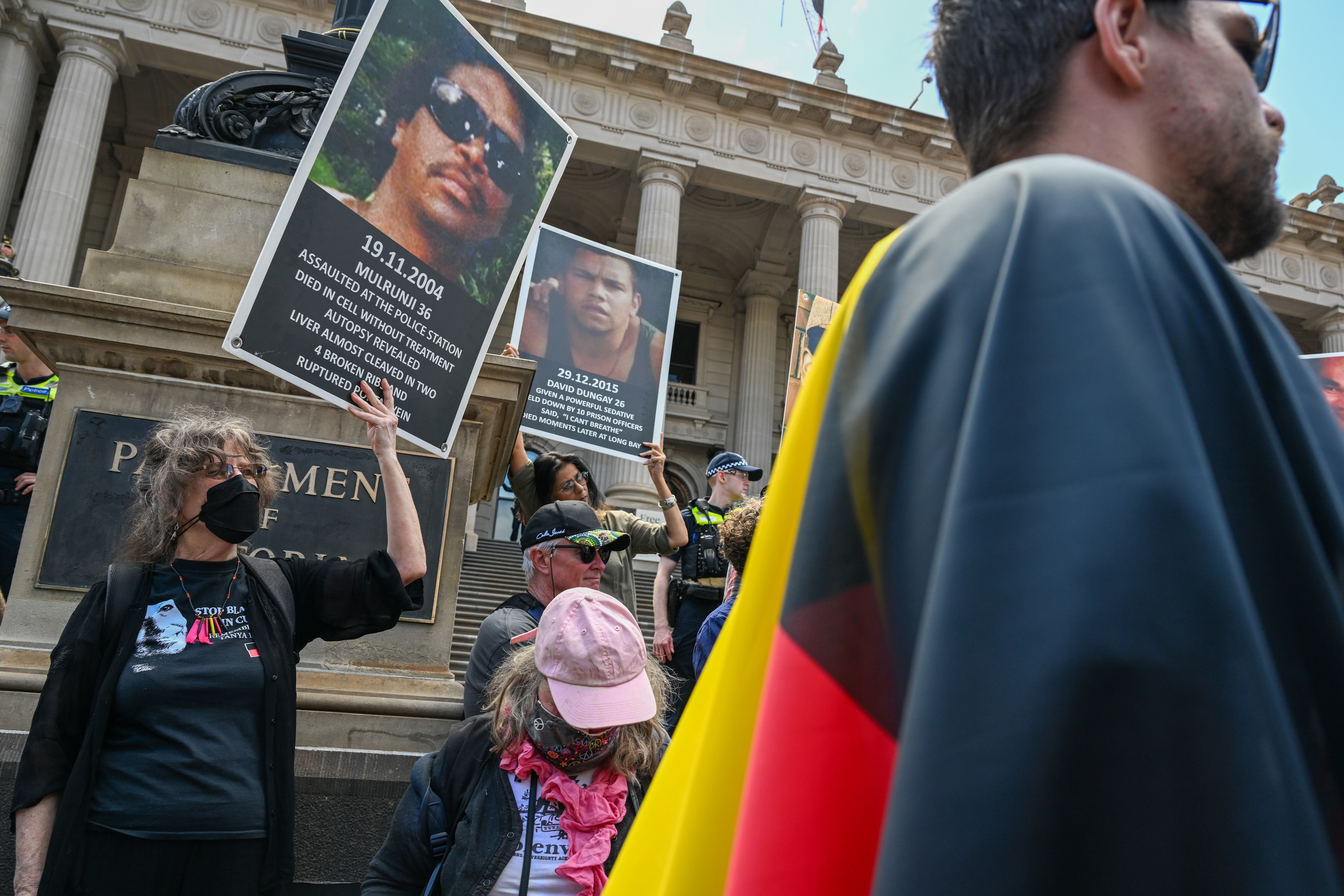 MELBOURNE, AUSTRALIA - JANUARY 26: Protesters participate in the Treaty Before Voice Invasion Day Protest outside Parliament House on January 26, 2023 in Melbourne, Australia. 
