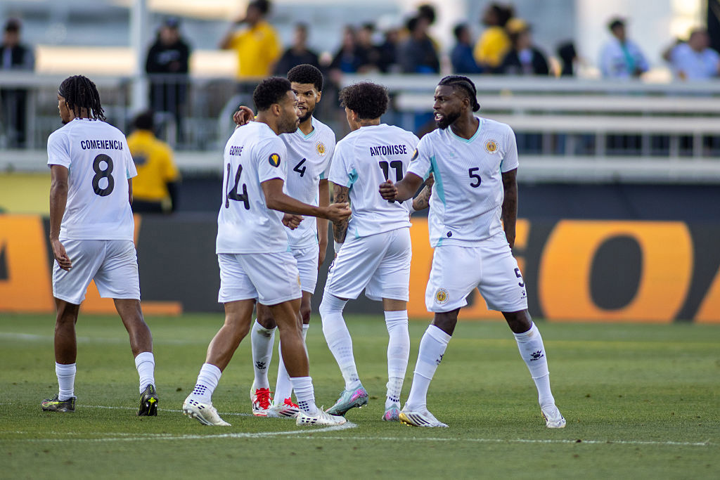 Sherel Floranus #5 of Curacao urges on his teammates after they scored a goal.
