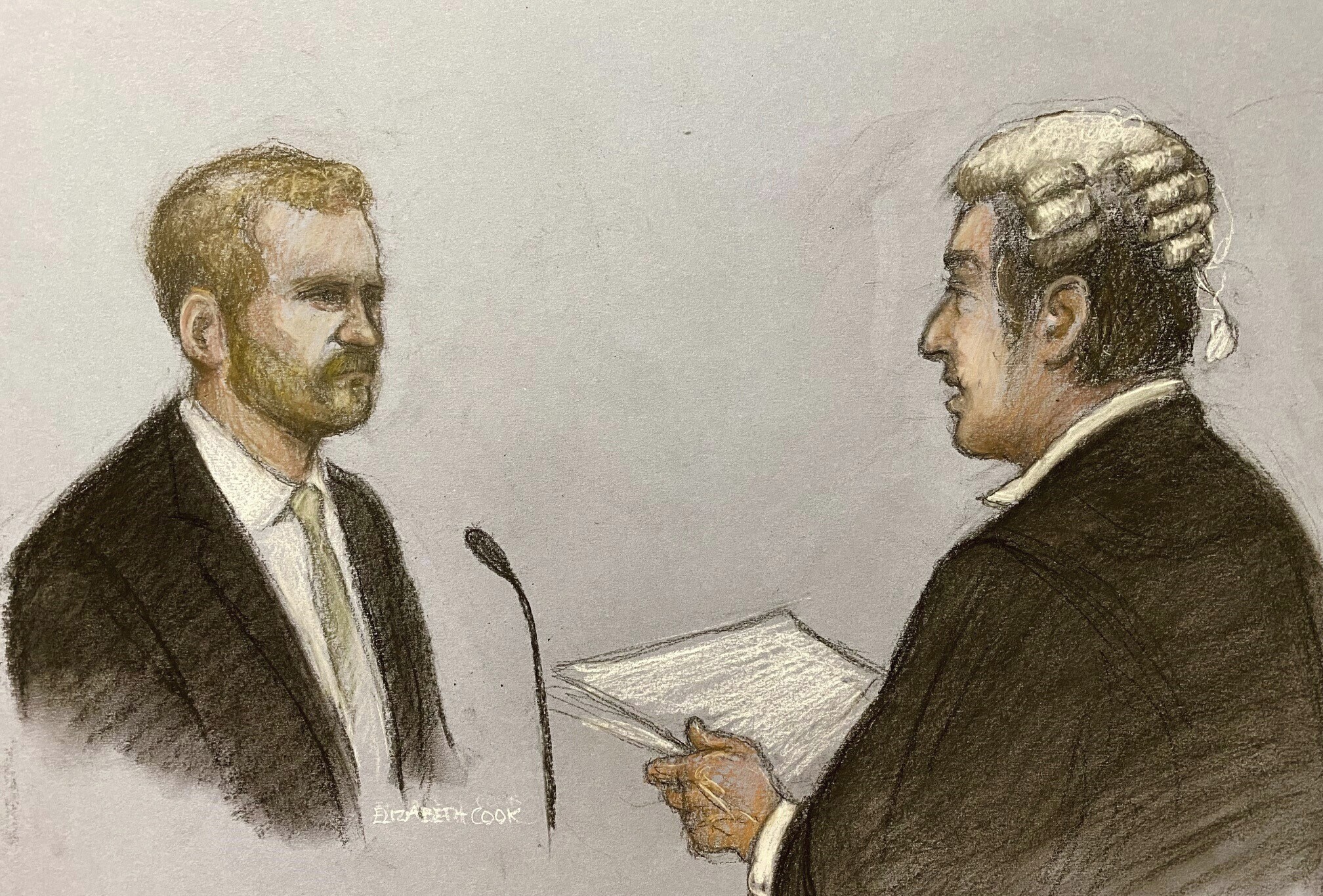 This court artist sketch by Elizabeth Cook shows Britain's Prince Harry, left, with his counsel David Sherborne giving evidence at the Rolls Buildings in central London, Wednesday, June 7, 2023 