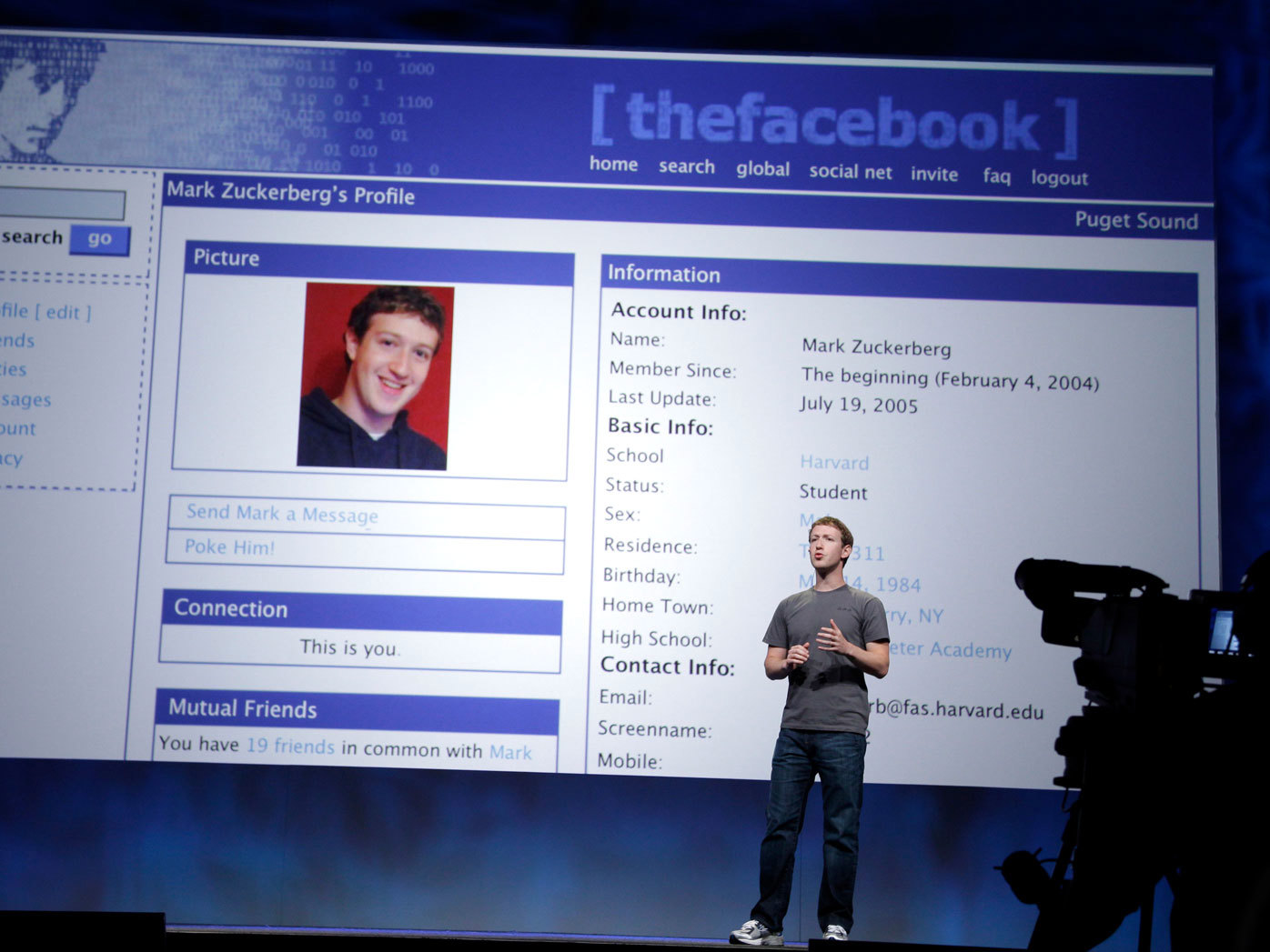 Facebook founder Mark Zuckerberg talks about an old Facebook web page during the 2011 F8 conference in San Francisco.