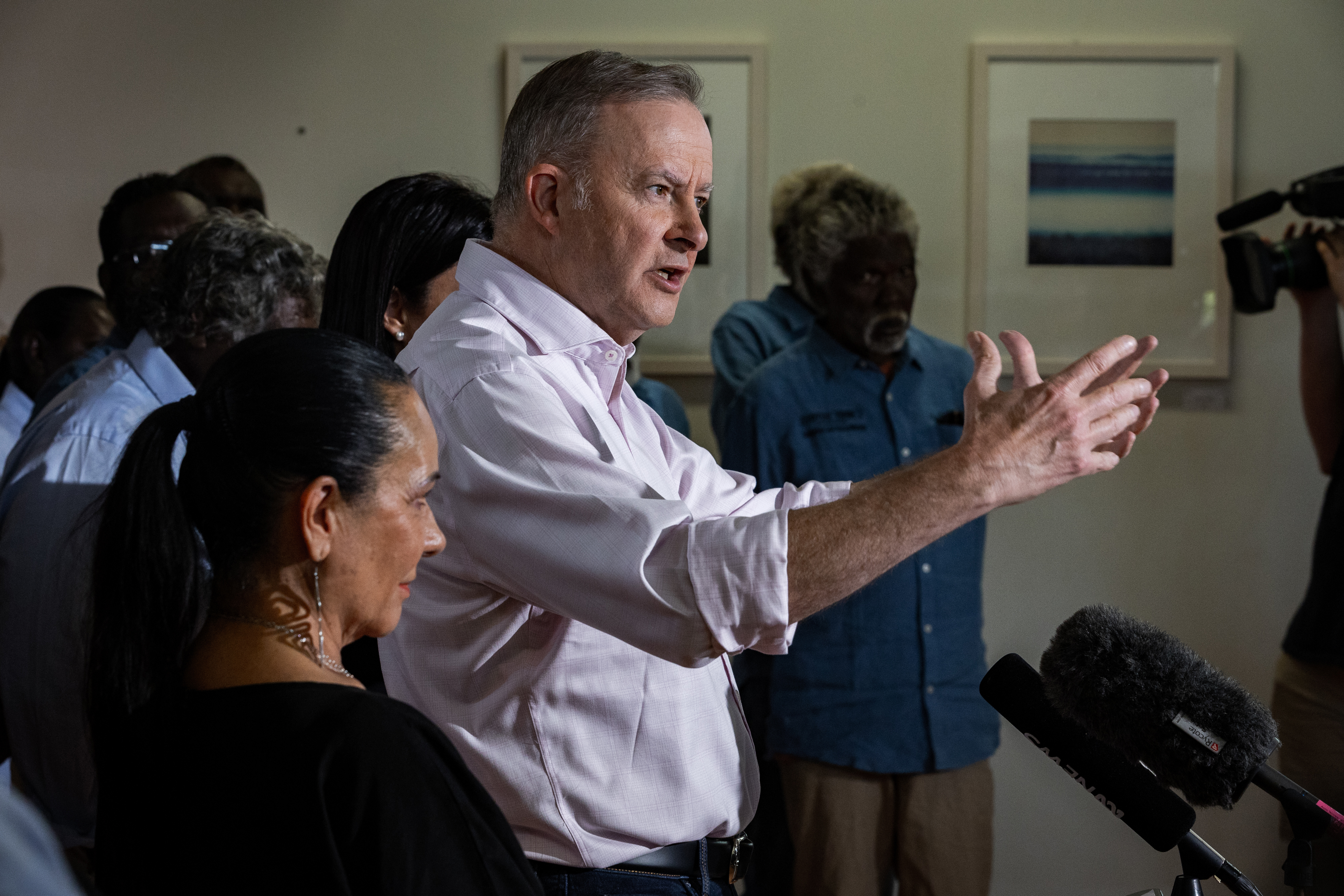 Australian Prime Minister Anthony Albanese addresses the press at a press conference during Garma Festival 2023.