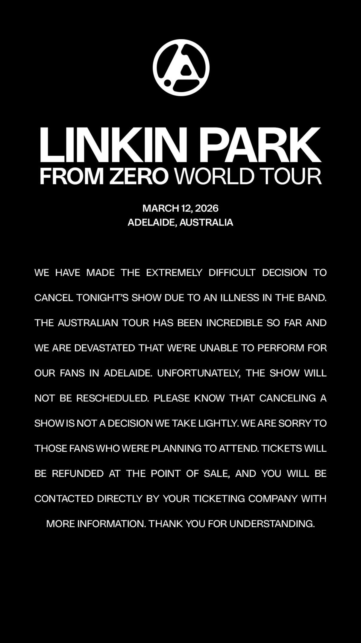 Linkin Park Concert Cancellation Adelaide From Zero tour 2026