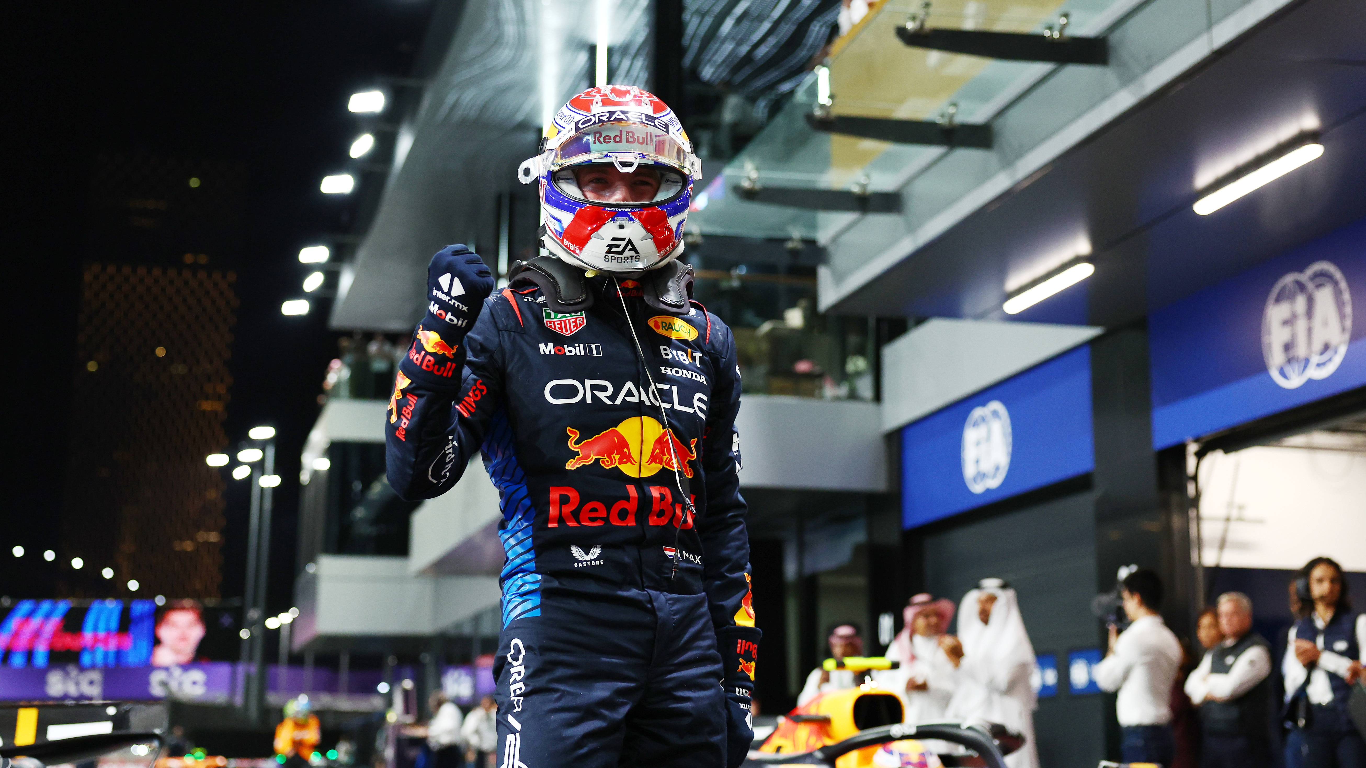 Pole position qualifier Max Verstappen of the Netherlands and Oracle Red Bull Racing celebrates in parc ferme during qualifying ahead of the F1 Grand Prix of Saudi Arabia at Jeddah Corniche Circuit on March 08, 2024 in Jeddah, Saudi Arabia. (Photo by Bryn Lennon - Formula 1/Formula 1 via Getty Images)