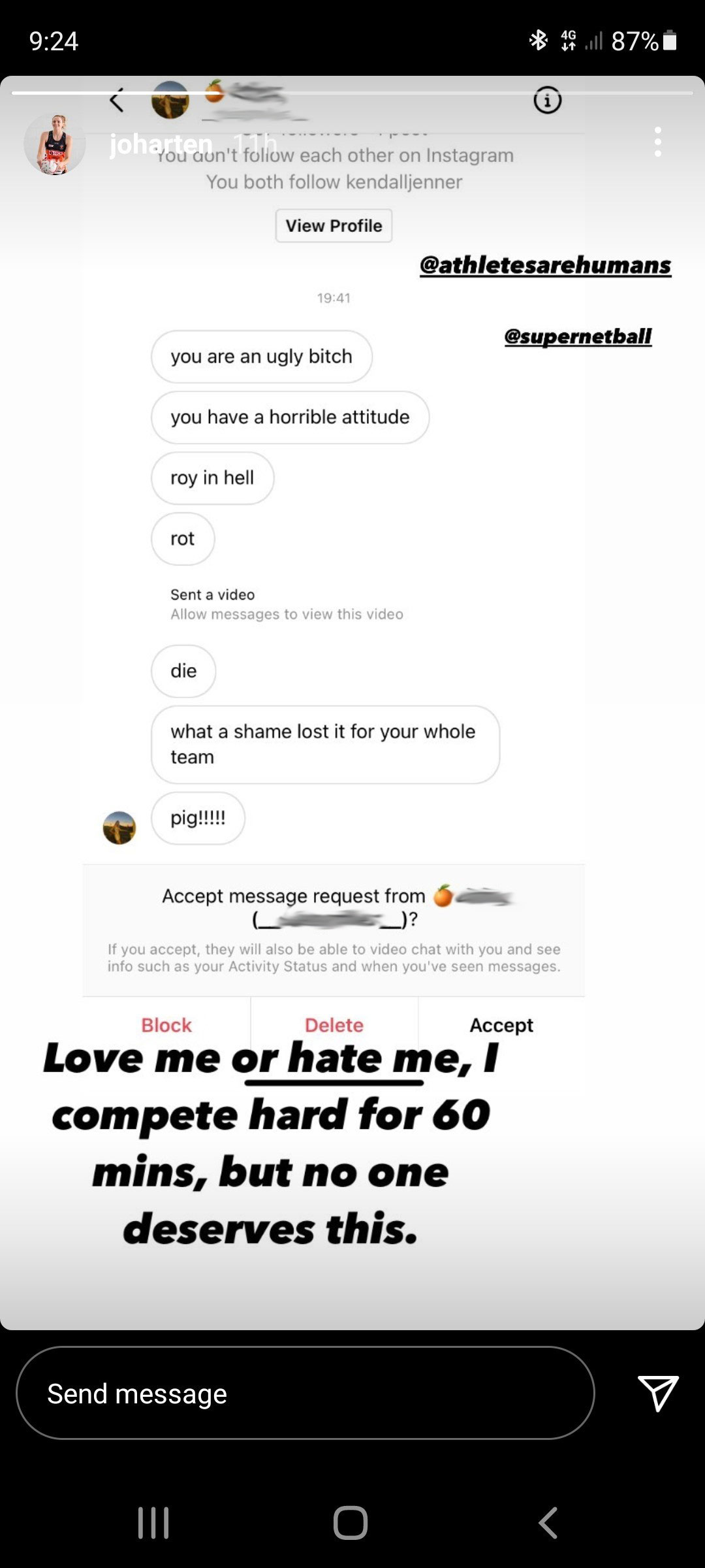 The vile messages received by netball star Jo Harten.