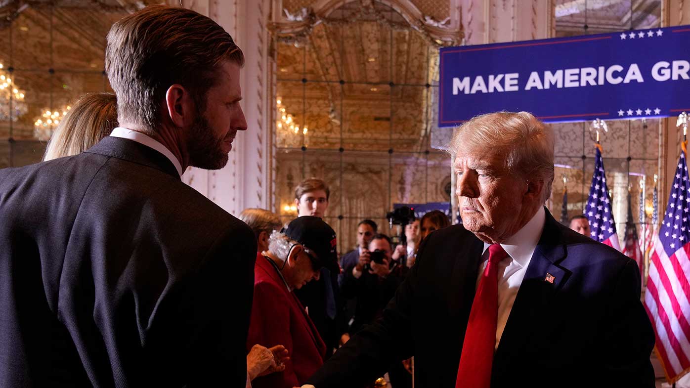 Donald Trump and his son Eric at his Mar-a-Lago election announcement.