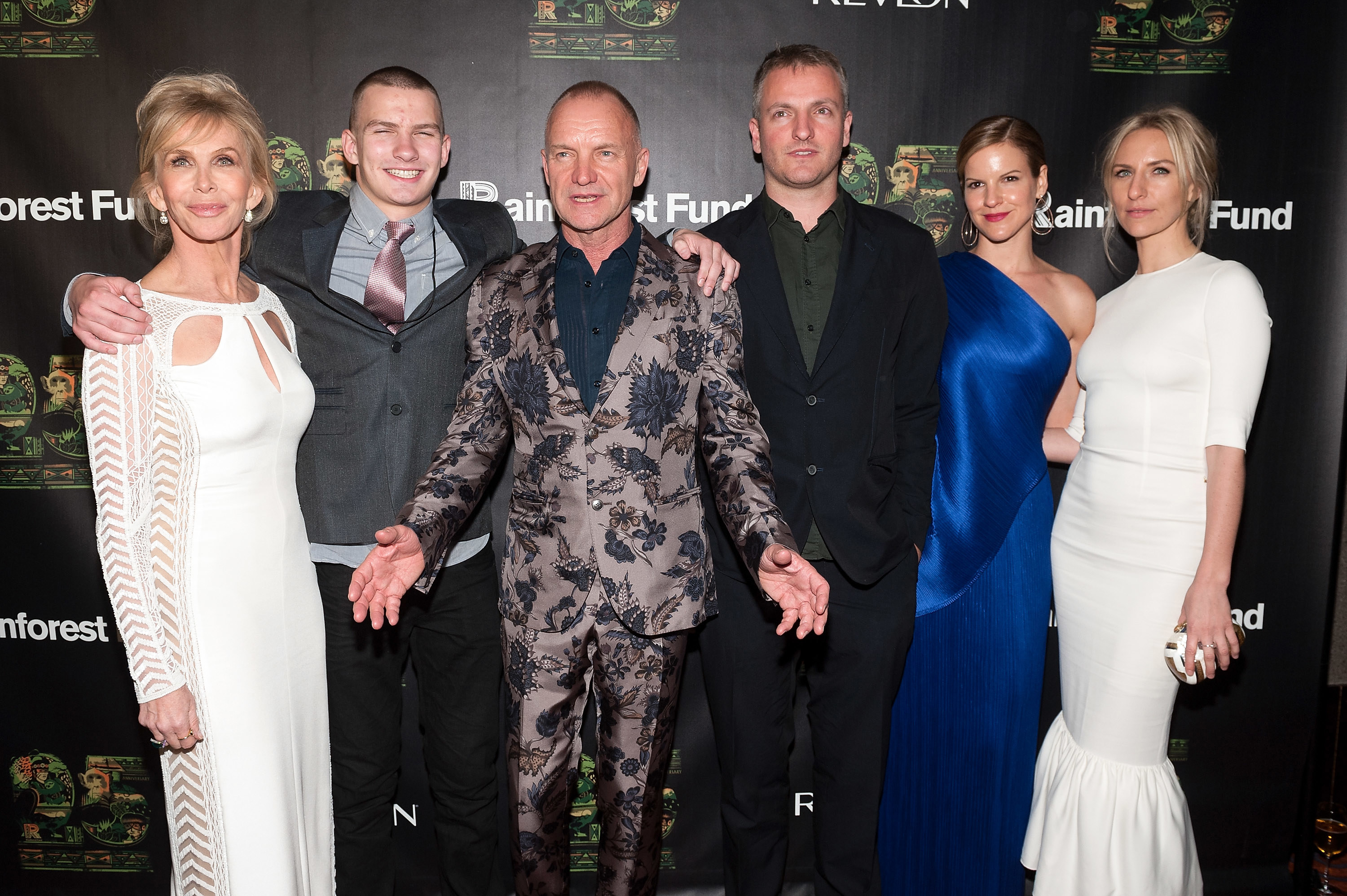   (L-R) Trudie Styler, Giacomo Sumner, Sting, Joe Sumner, Fuchsia Sumner, and Mickey Sumner attend the after party for the 25th Anniversary concert for the Rainforest Fund at the Mandarin Oriental Hotel on April 17, 2014 in New York City.  (Photo by D Dipasupil/Getty Images)