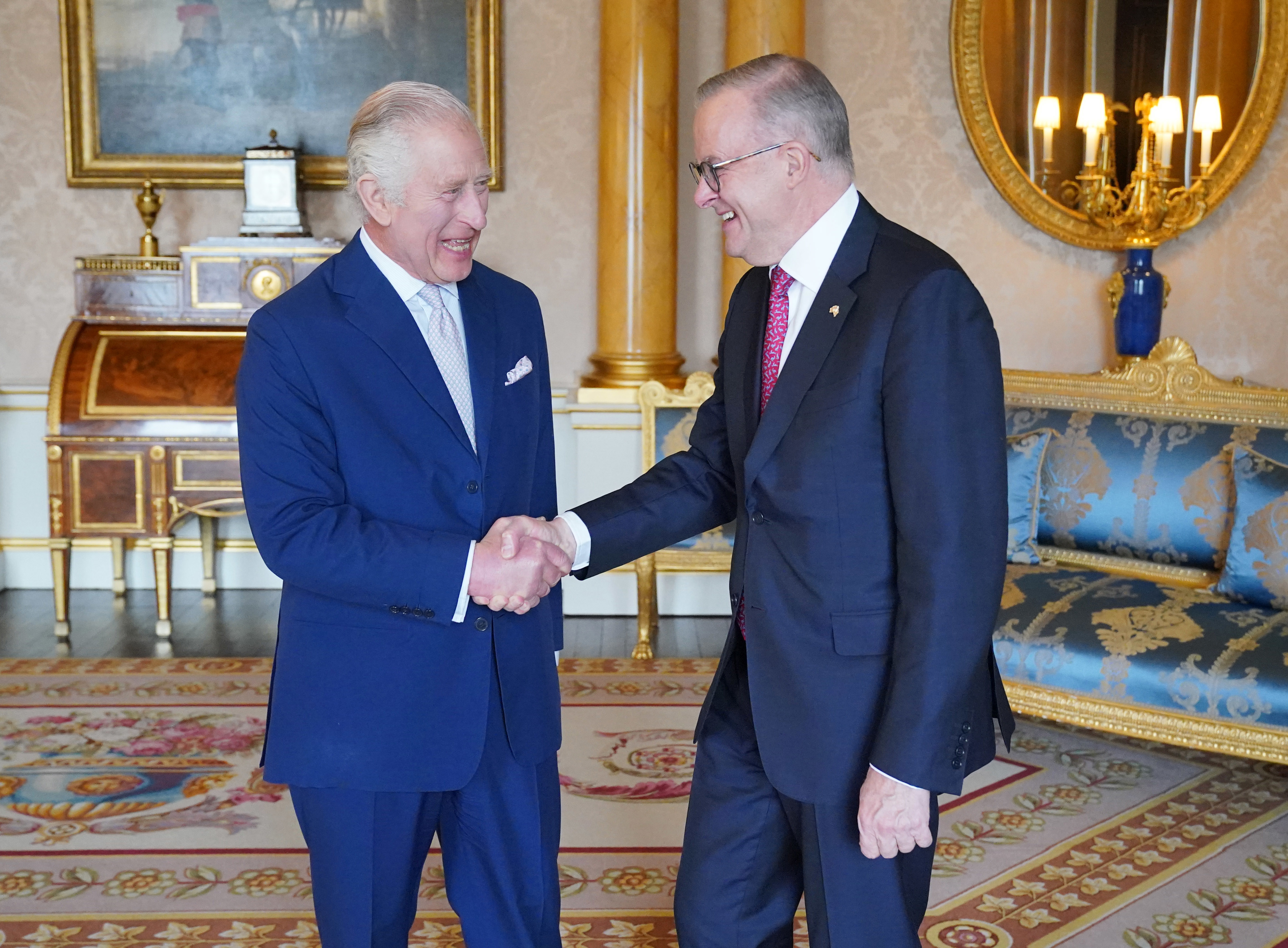 King Charles III hosts an Audience with the Australian Prime Minister Anthony Albanese at Buckingham Palace on May 2, 2023 in London 