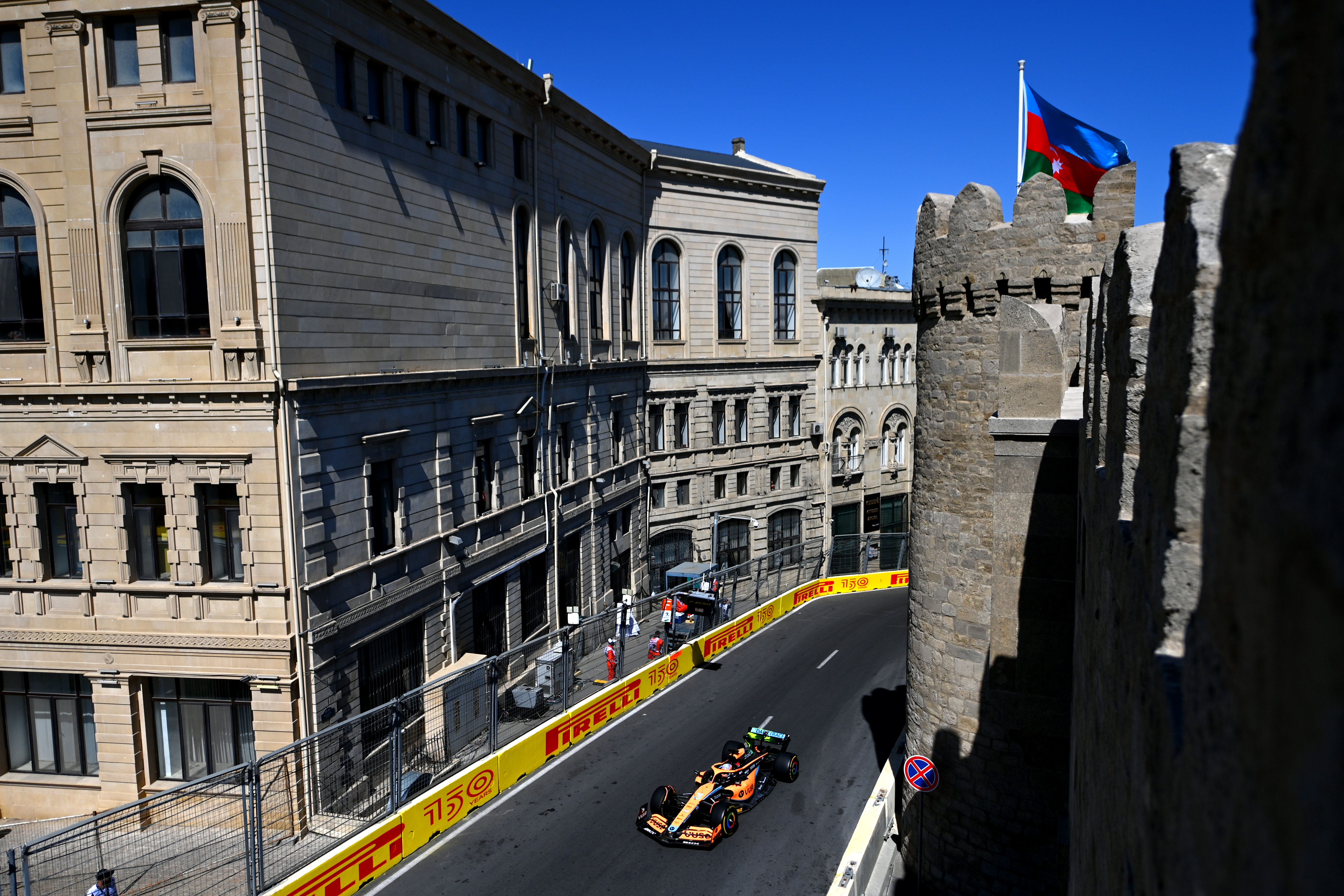 Daniel Ricciardo through the castle section of the Baku Circuit during practice for the Azerbaijan Grand Prix. (Photo by Dan Mullan/Getty Images)