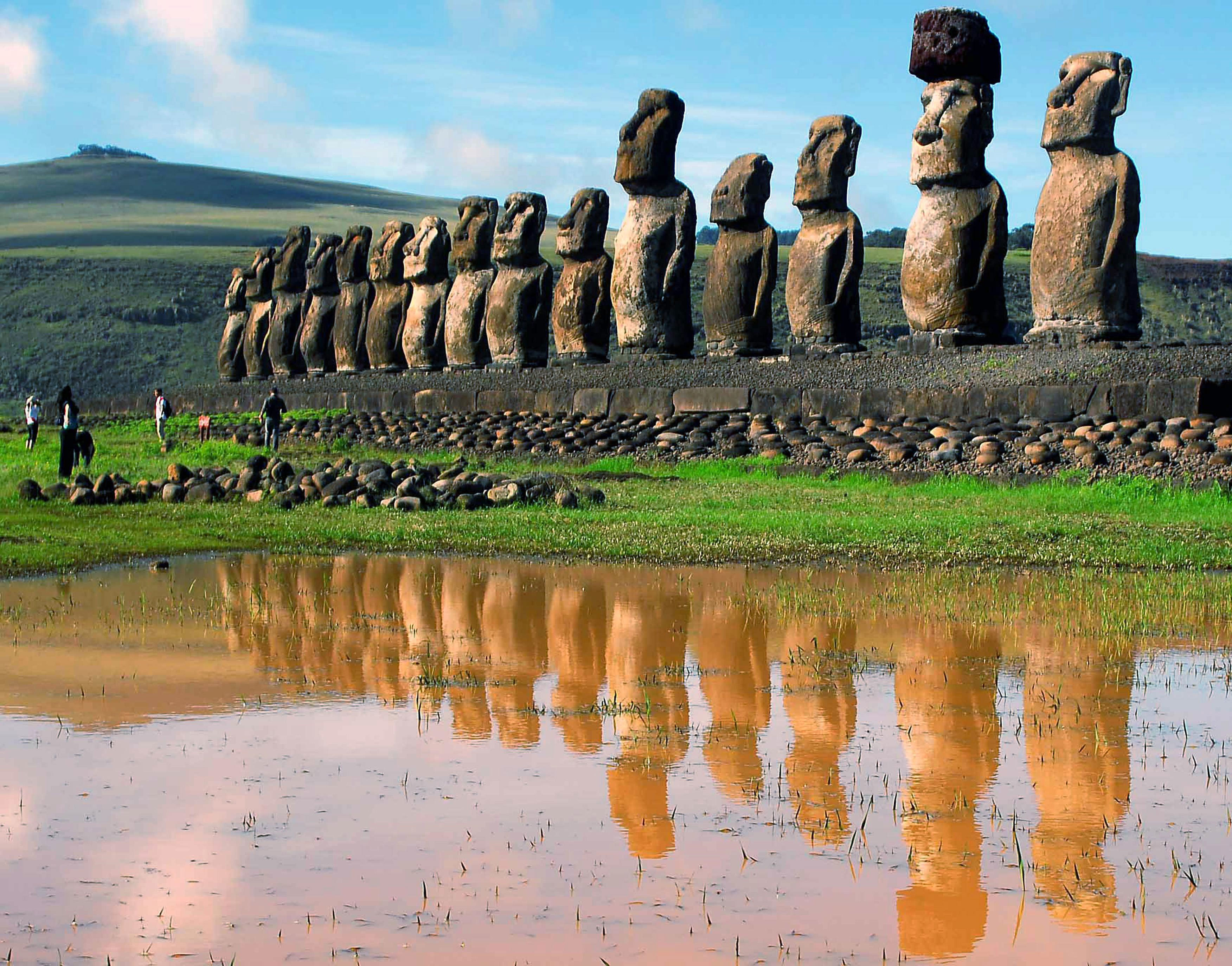 Giant volcanic rock statues at the Easter Island.