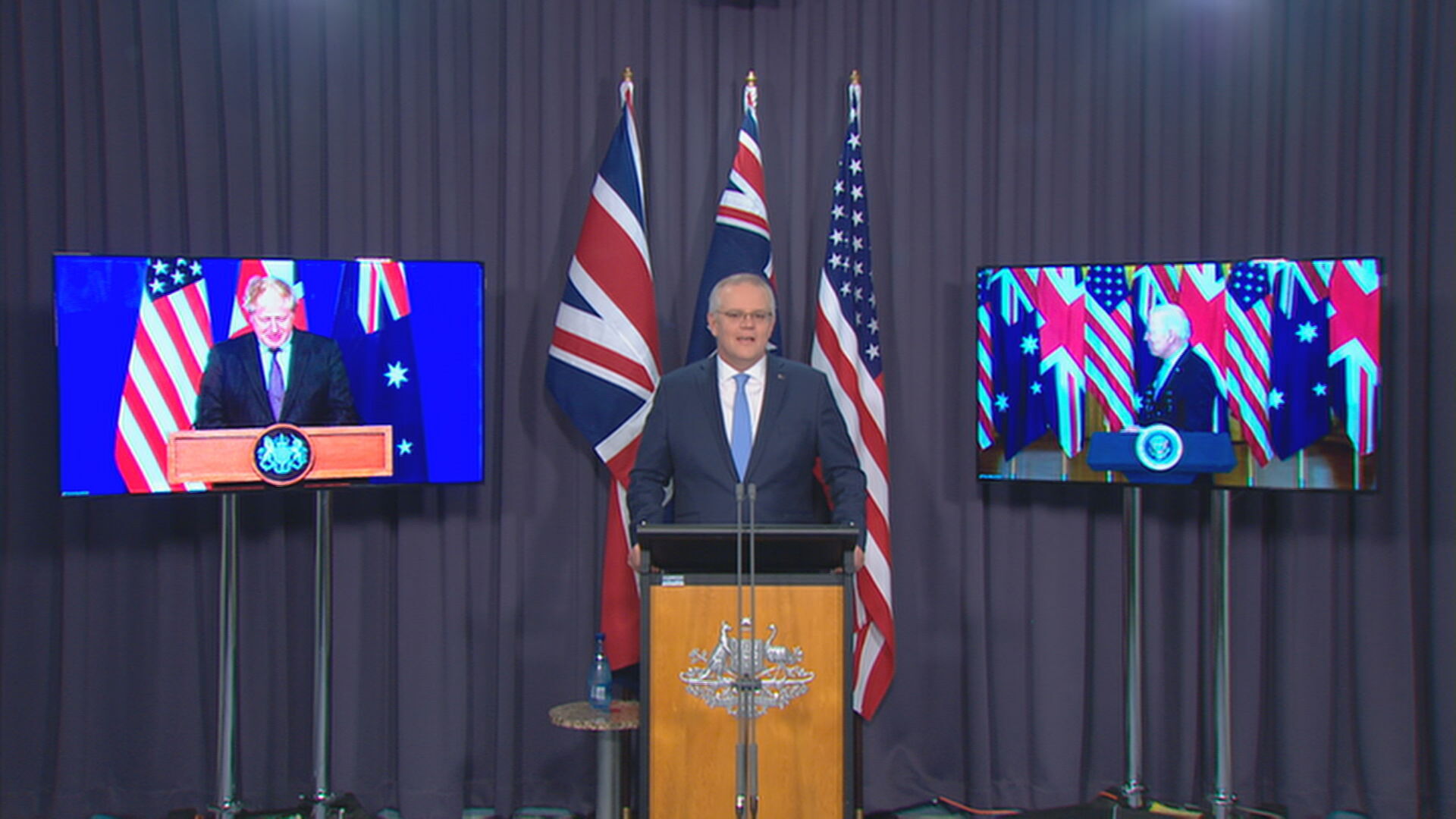 Prime Minister Scott Morrison announced the new defence pact in a joint virtual media conference with Joe Biden and Boris Johnson.