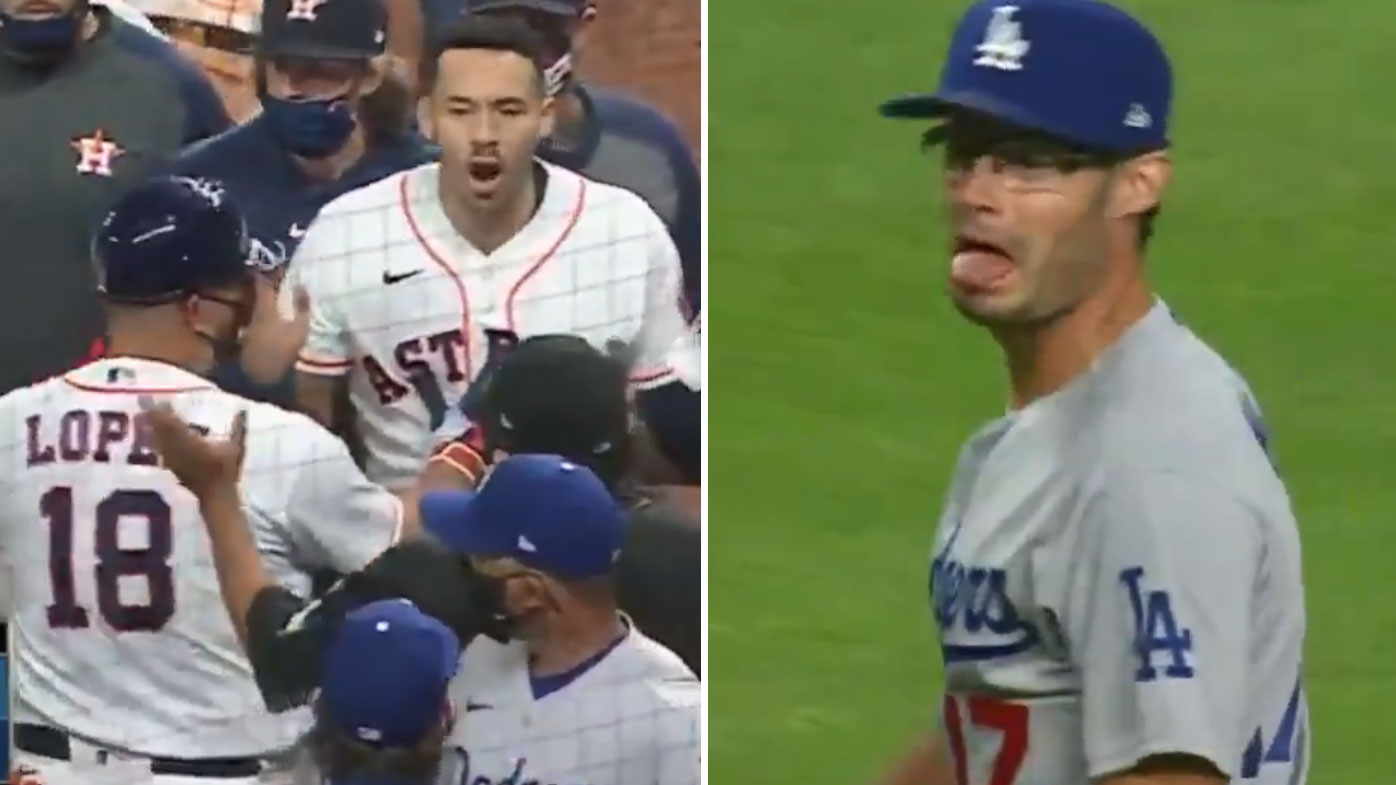 Benches clear as Dodgers' Joe Kelly throws behind Astros' Alex