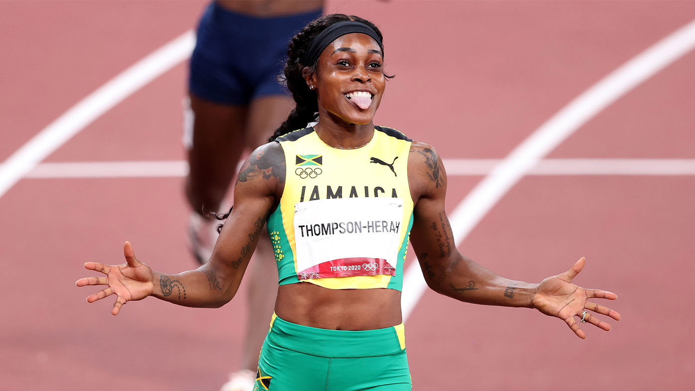 Elaine Thompson-Herah winning gold in the women's 200m at Tokyo 2020.