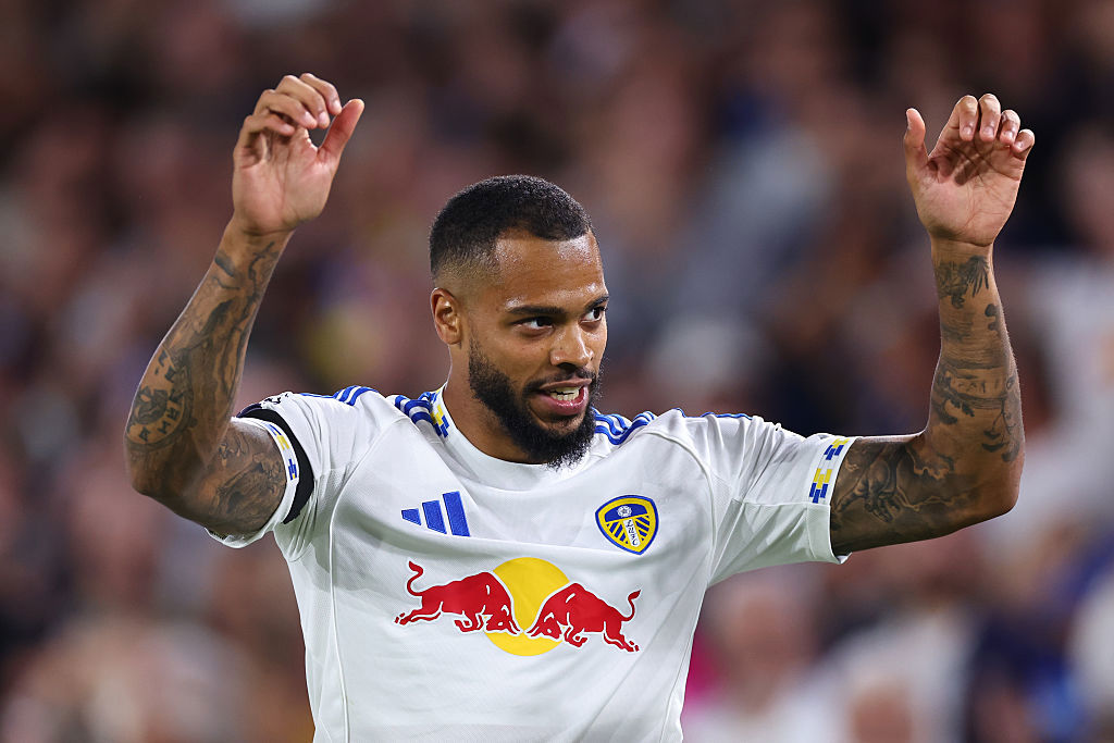 Lukas Nmecha of Leeds United celebrates after scoring a goal.