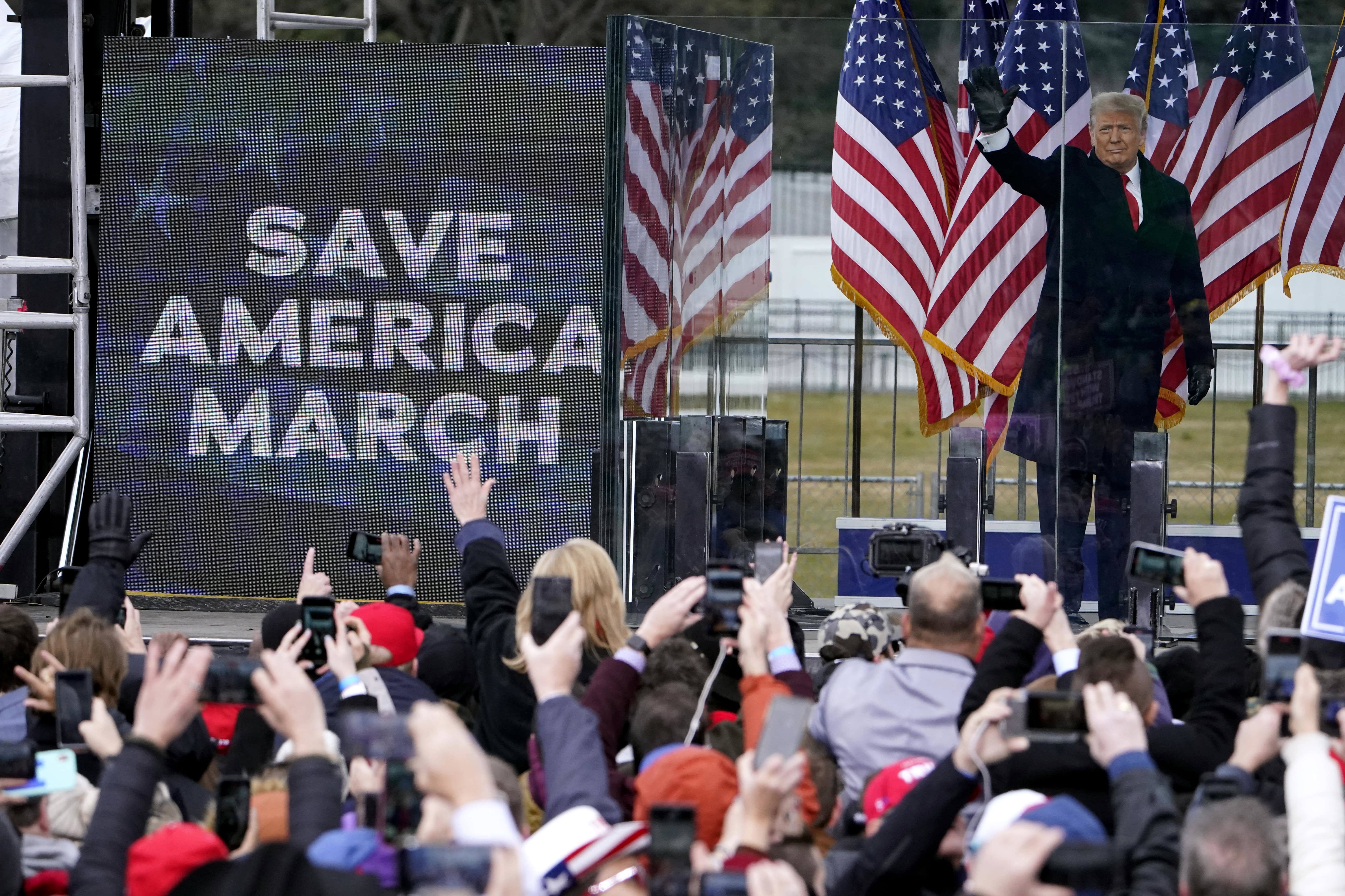 President Donald Trump arrives to speak at a rally in Washington on Jan. 6, 2021. On Monday, Jan. 10, 2022, attorneys for former President Trump and his associates argued in court that incendiary statements by Trump and others last Jan. 6 prior to the Capitol riot were protected speech and in line with their official duties.