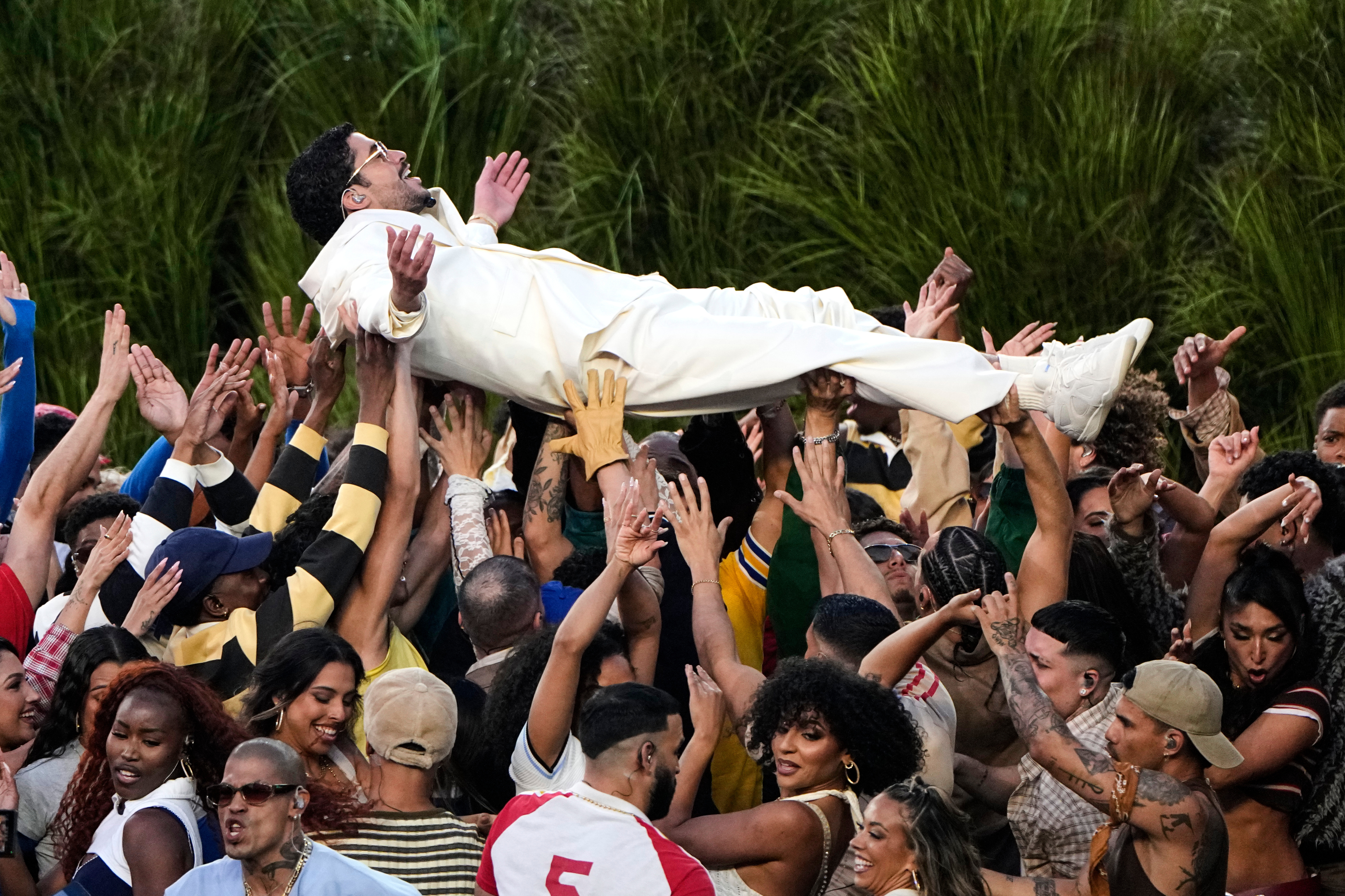 Bad Bunny performs during halftime of the NFL Super Bowl 60 football game between the New England Patriots and the Seattle Seahawks, February 8, 2026, in Santa Clara, California