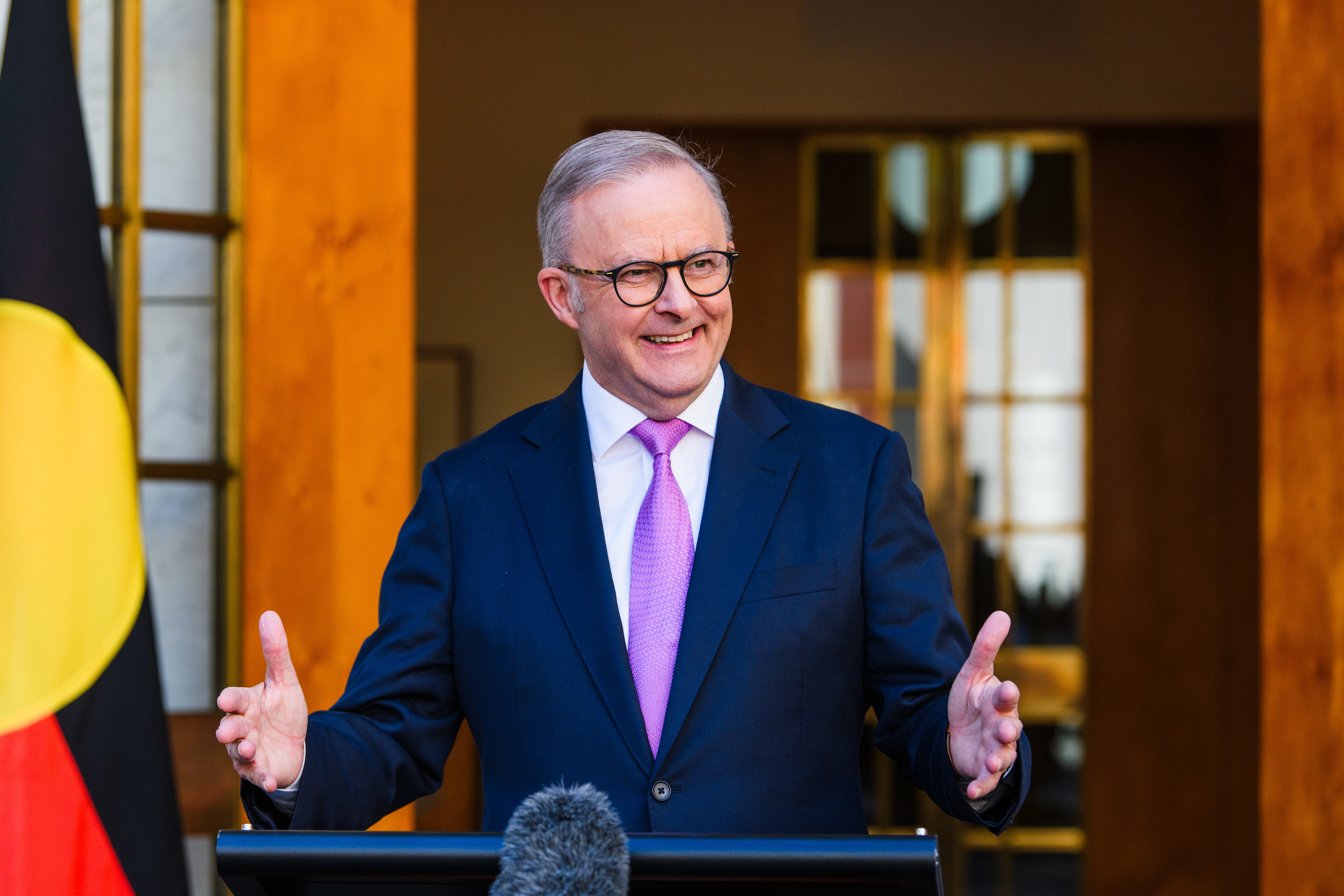 Australian prime minister Anthony Albanese first Press conference at Parliament House, Canberra for the first time since winning a second term over the weakened against Opposition leader Peter Dutton. Monday 5th May 2025. Photo: James Brickwood. SMH NEWS 250505
