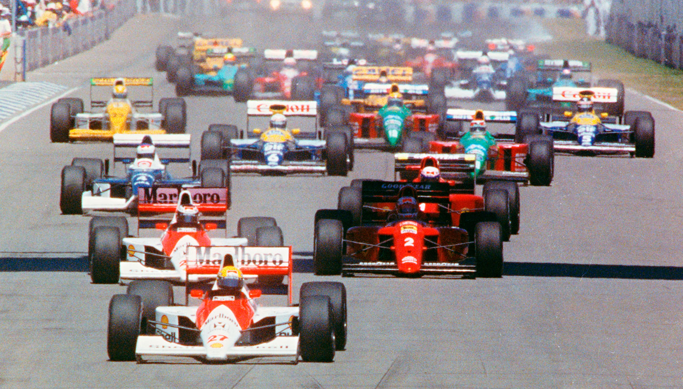 Ayrton Senna leads the field away at the start of the 1990 Australian Grand Prix.