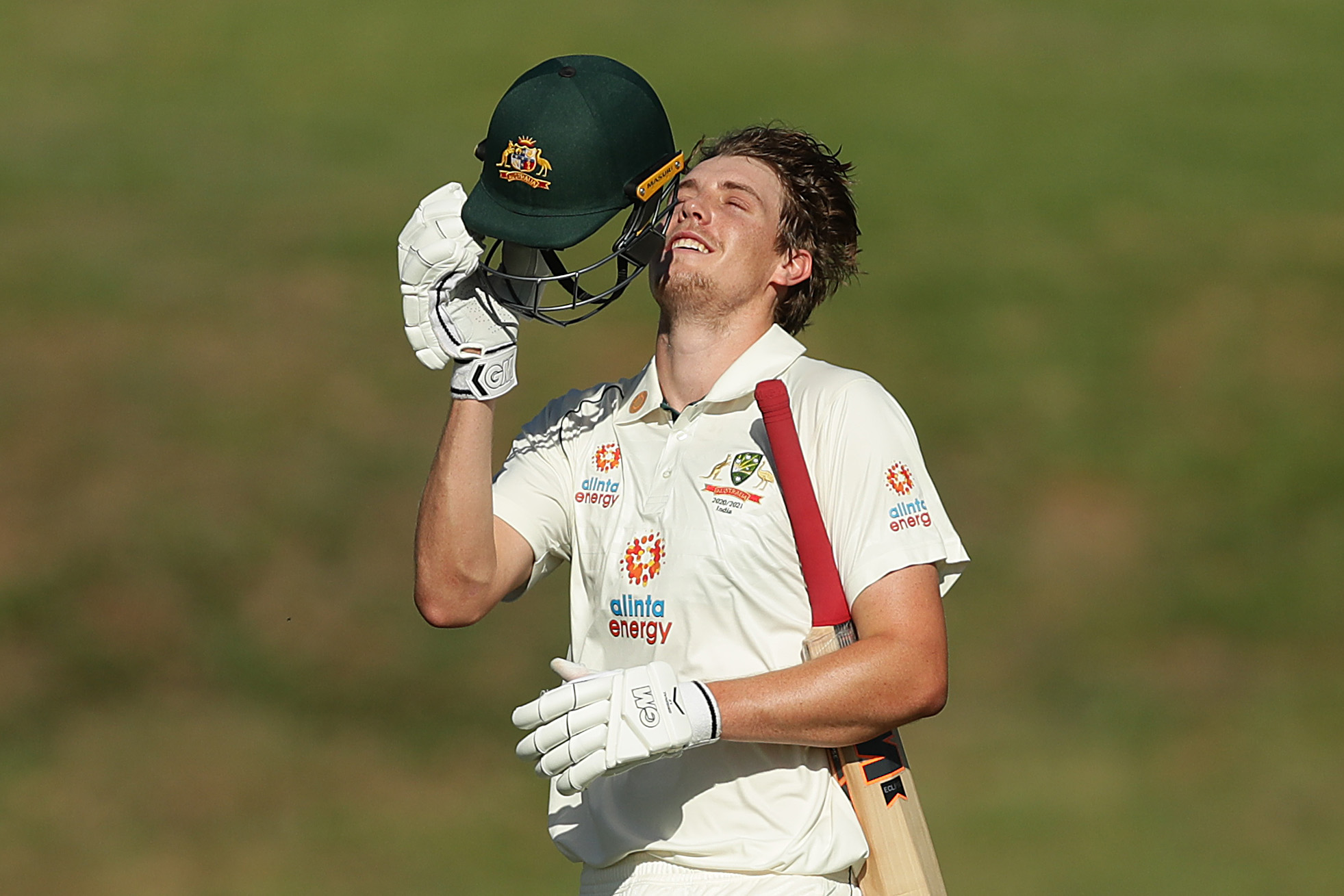 Cameron Green of Australia A celebrates hitting a century.