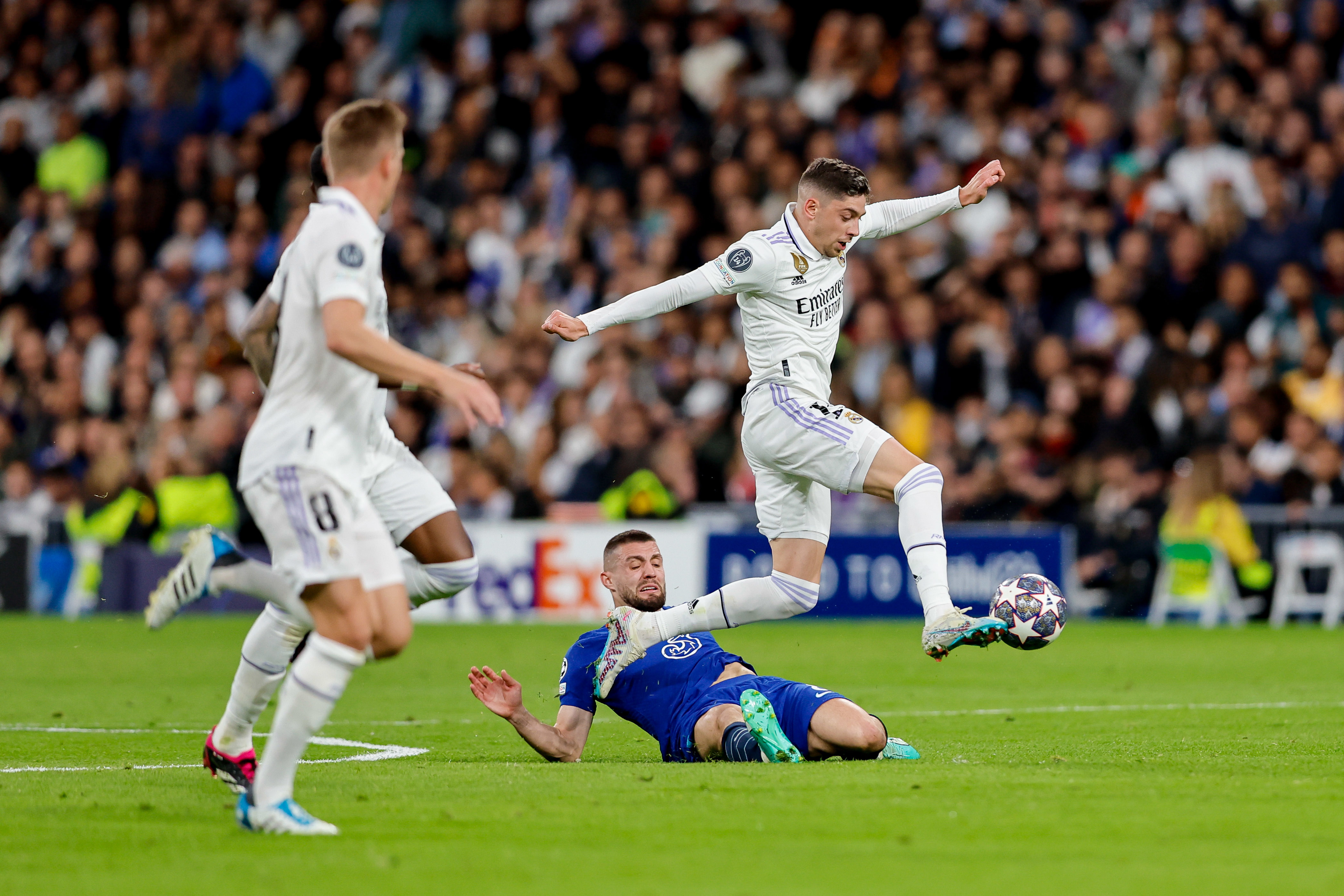 Federico Valverde of Real Madrid battles for the ball.