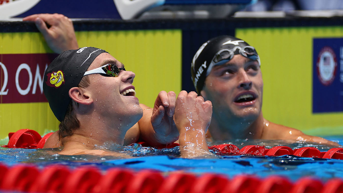 Jonny Kulow (left) and Adam Chaney after a swim-off at the USA trials.