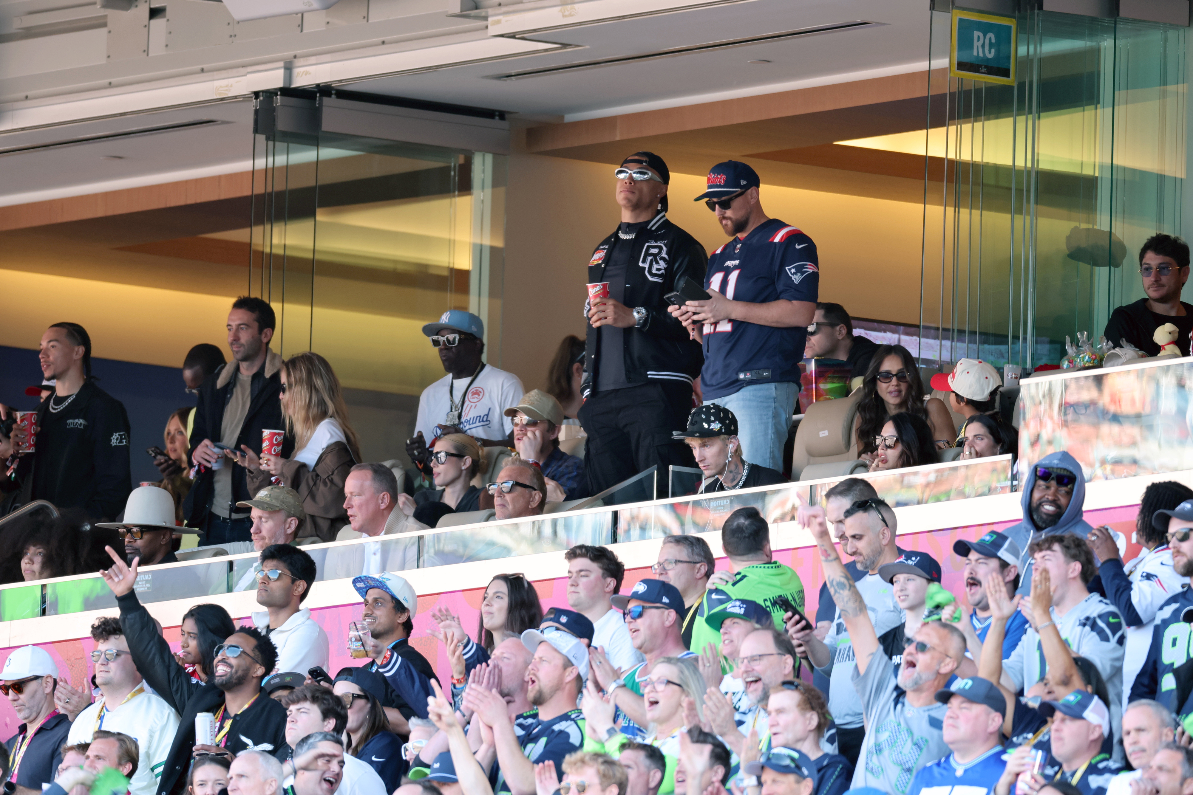 Nicky Gathrite, Jamie Foxx, Mike McGuiness, Kevin Costner, Chase DeMoor, mgk, Jessica Alba and Austin Rosen attend Super Bowl LX at Levi's Stadium on February 08, 2026 in Santa Clara, California. 