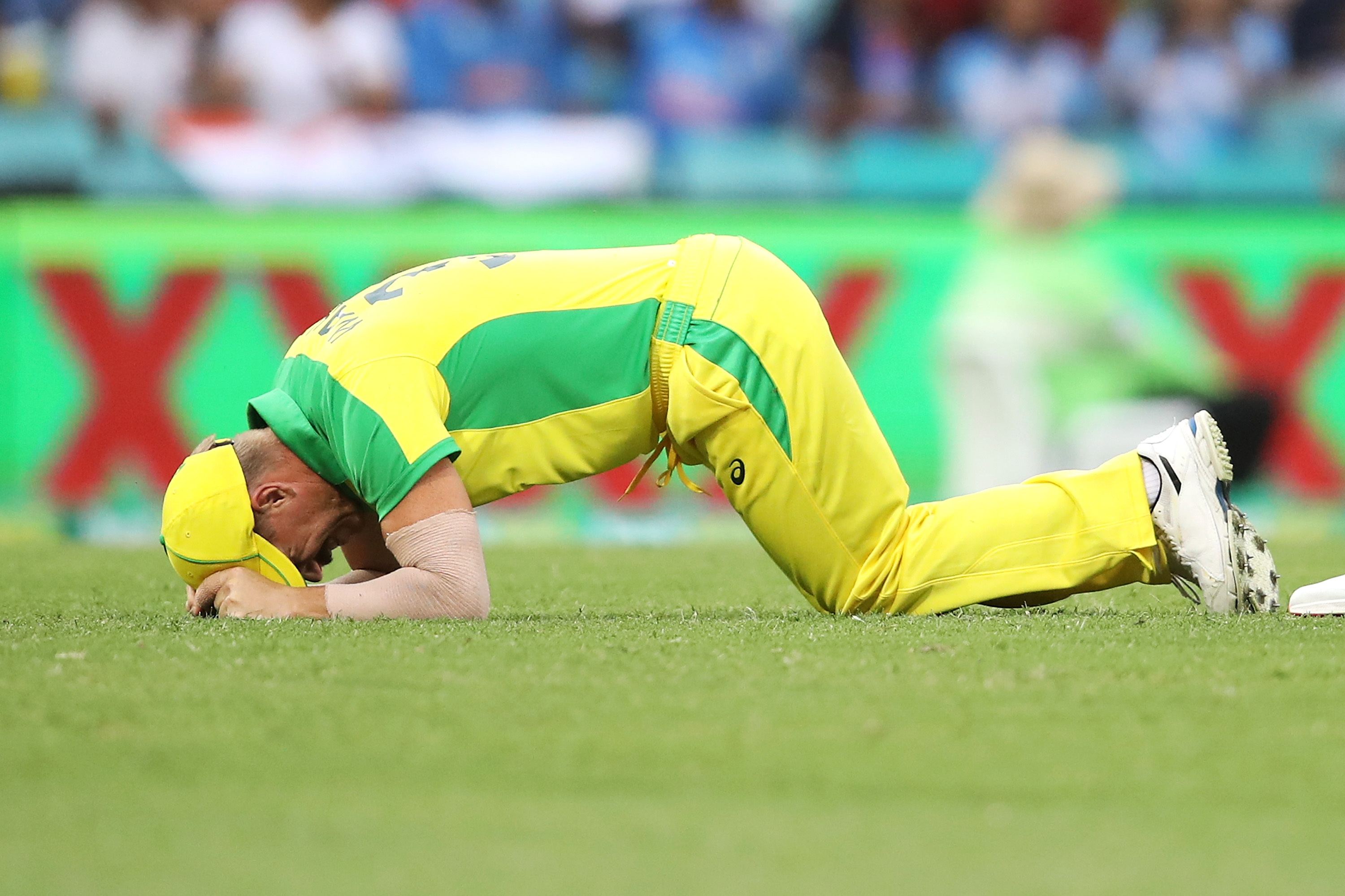 David Warner of Australia lies injured on the ground.