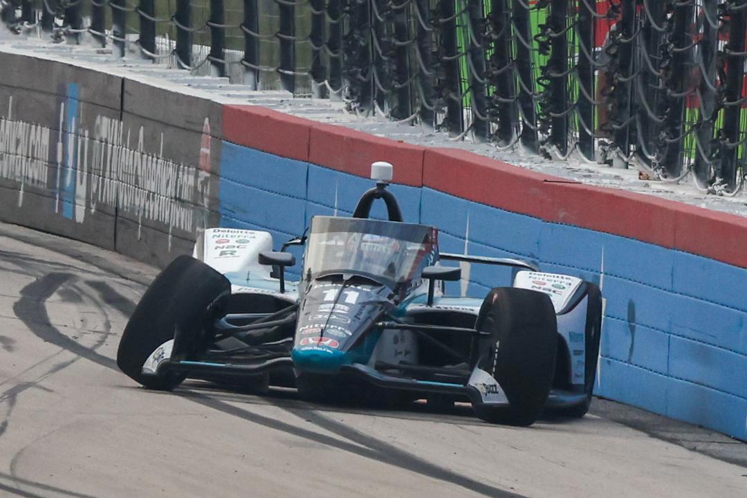 Takuma Sato's wounded car after he crashed just shy of the 50-lap marker.