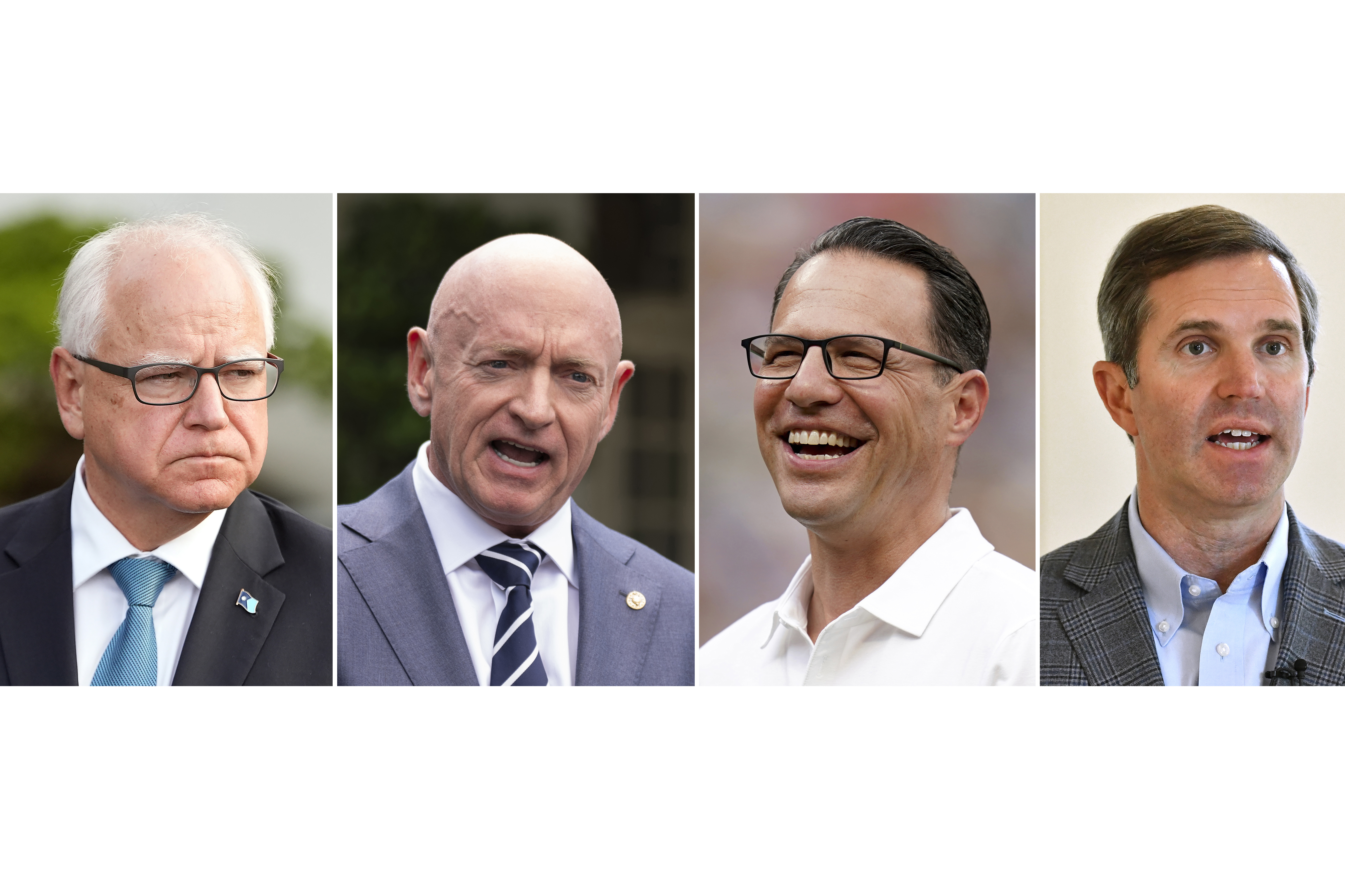 left to right, shows Minnesota Gov. Tim Walz, center, July 3, 2024, in Washington, Sen. Mark Kelly, D-Ariz., June 4, 2024, in Washington, Pennsylvania Gov. Josh Shapiro, July 20, 2024, in Pittsburgh, and Kentucky Gov. Andy Beshear in Frankfort, Ky., July 22, 2024. 