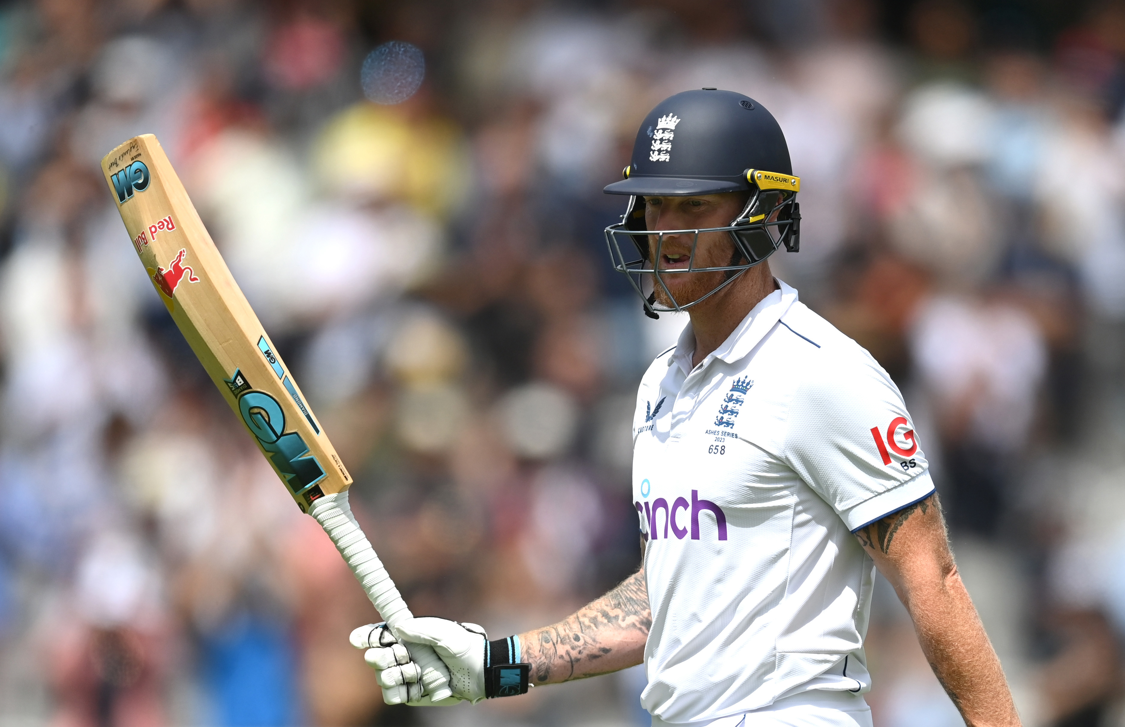 LONDON, ENGLAND - JULY 02: Ben Stokes of England lifts his bat as he leaves the field for lunch during Day Five of the LV= Insurance Ashes 2nd Test match between England and Australia at Lord's Cricket Ground on July 02, 2023 in London, England. (Photo by Gareth Copley/Getty Images)