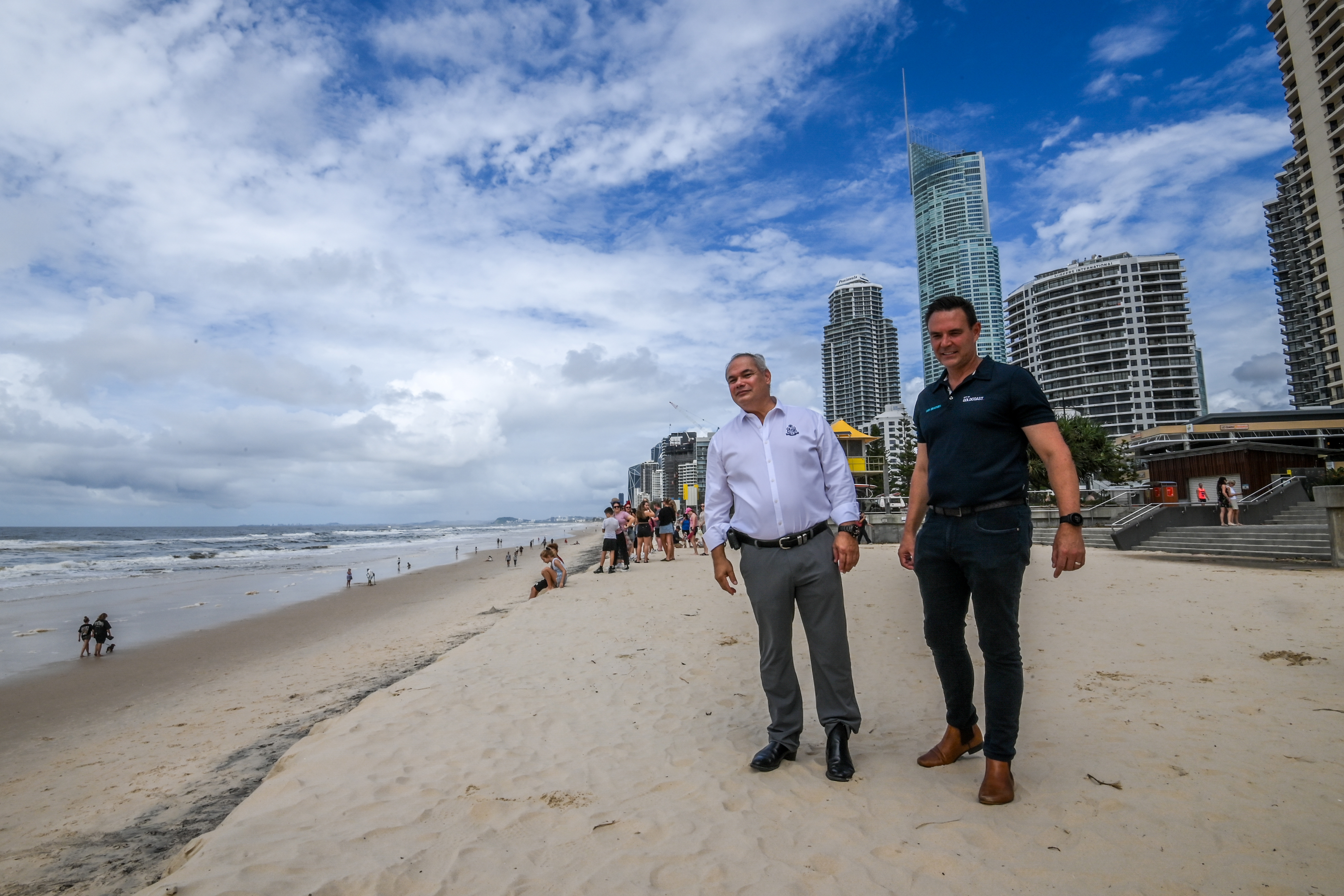 The Age, News, 11/03/2025 photo by Justin McManus. Ex-Tropical Cyclone Alfred Gold Coast. Gold Coast Mayor Tom Tate and Cllr Darren Taylor inspecting the impact of the  storms and the coastal erosion at Surfers Paradise beach.