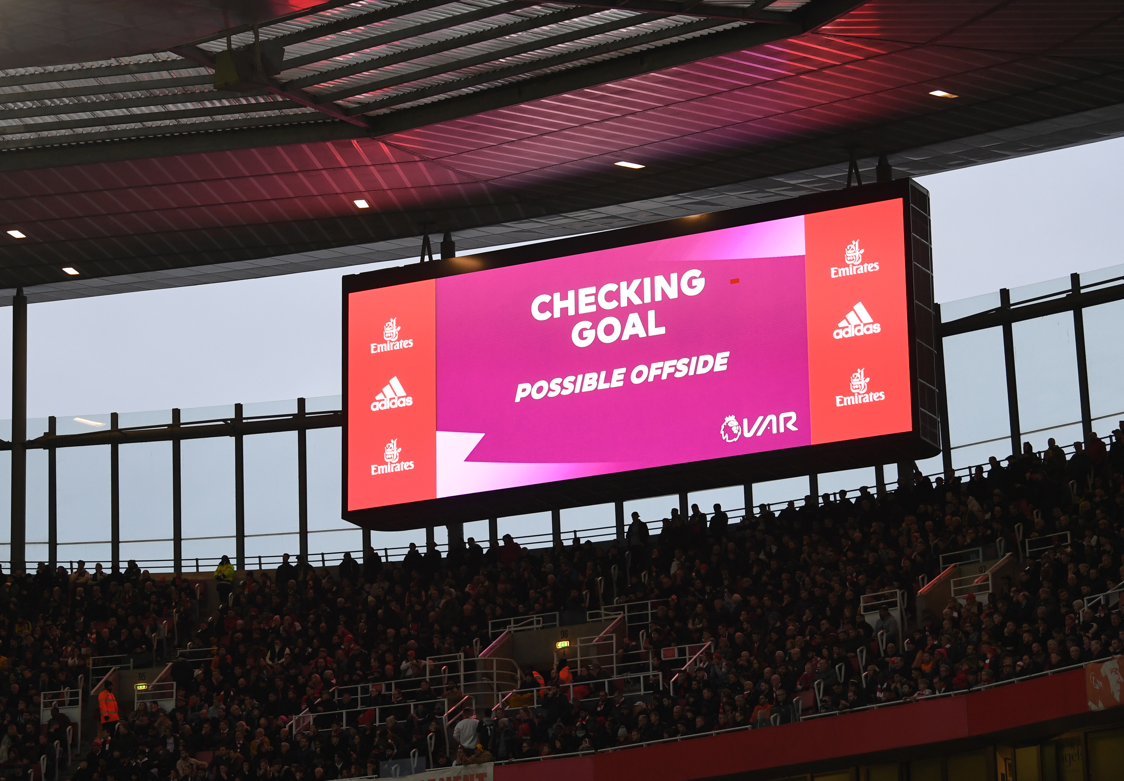 LONDON, ENGLAND - FEBRUARY 11: The Big screen shows that VAR is checking the Brentford goal during the Premier League match between Arsenal FC and Brentford FC at Emirates Stadium on February 11, 2023 in London, England. (Photo by David Price/Arsenal FC via Getty Images)