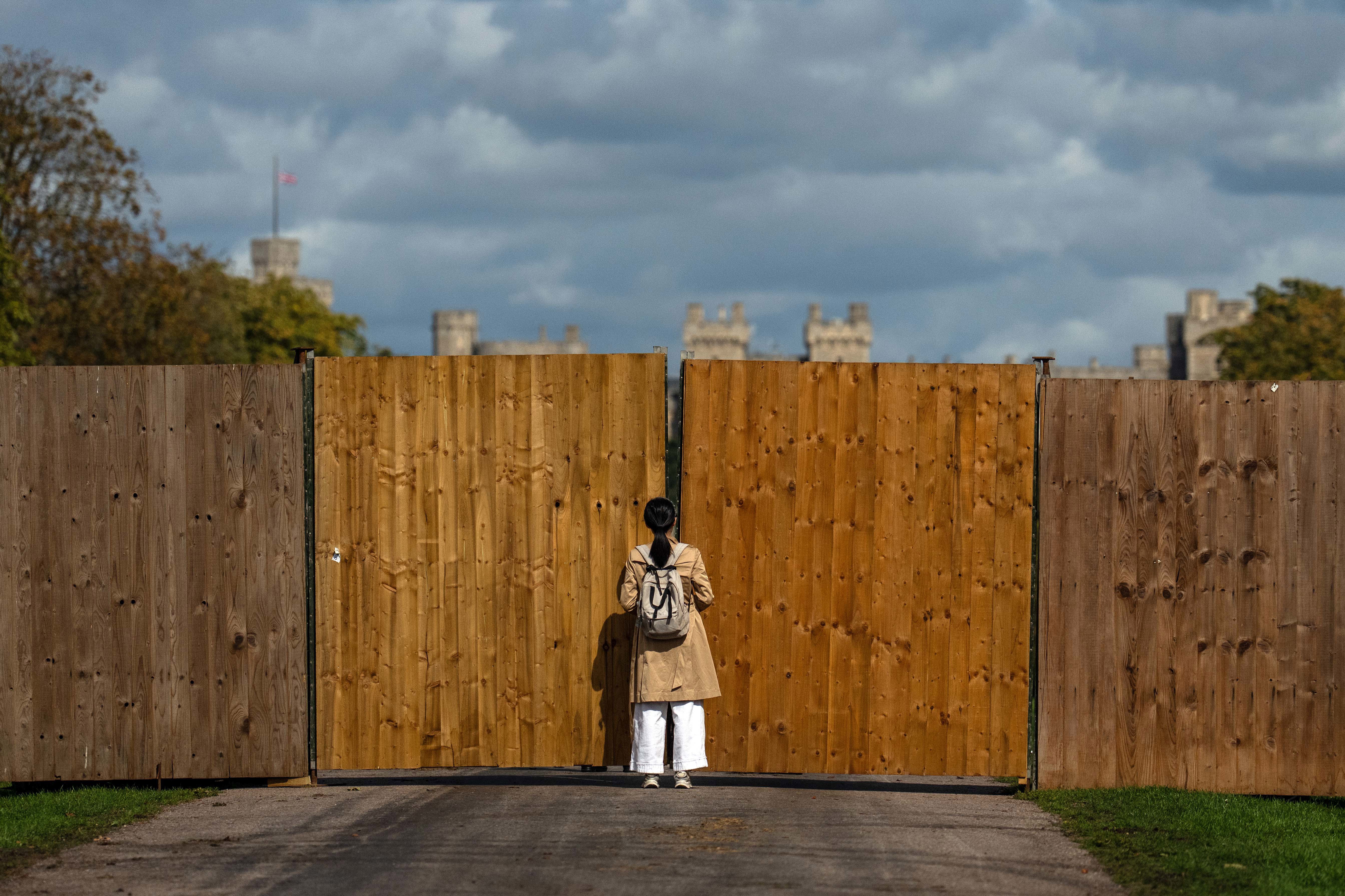 A  tourist peers through a gate in a security fence placed around The Long Walk for the duration of President Trump's state visit.