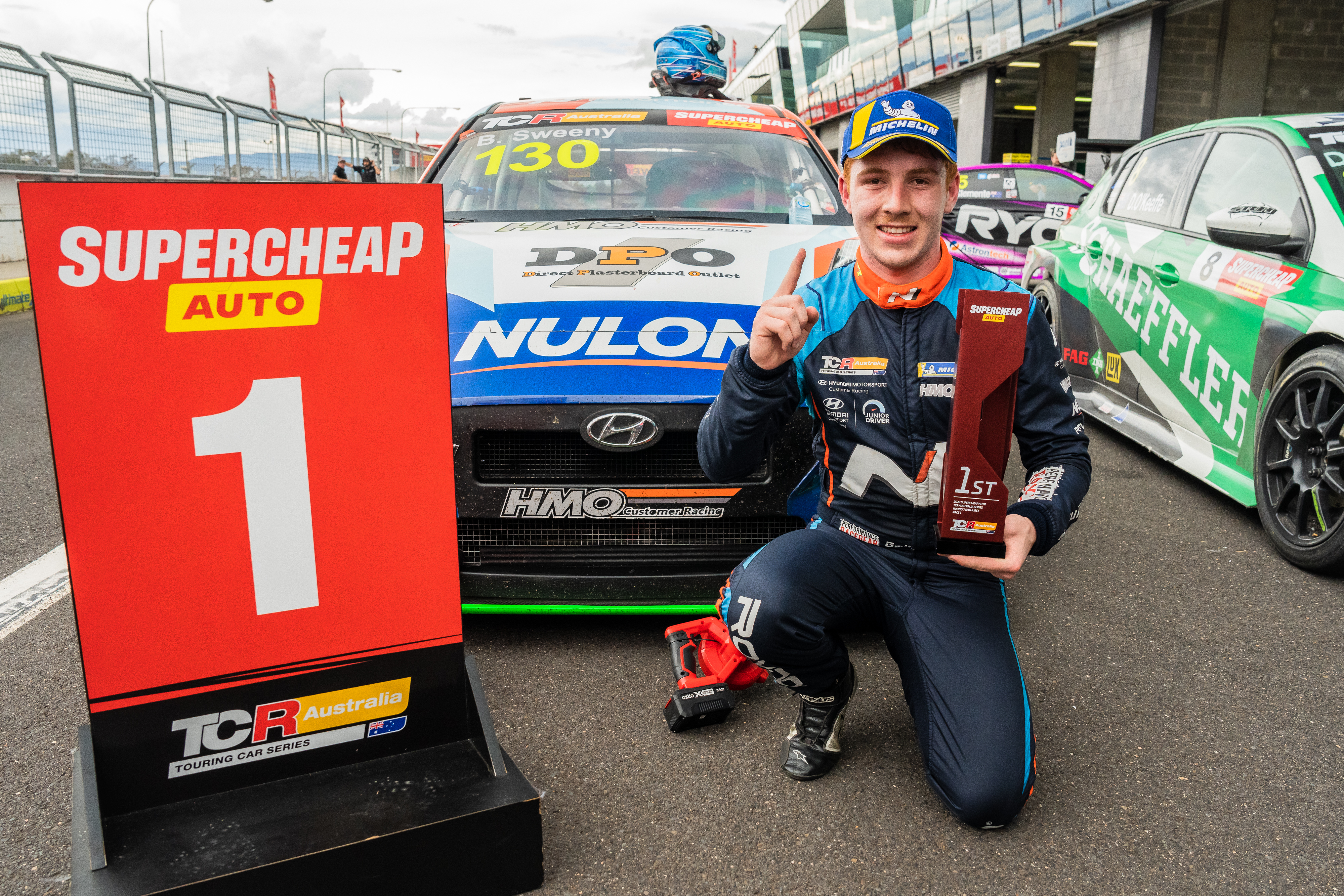 Bailey Sweeny celebrates his win at Mount Panorama.