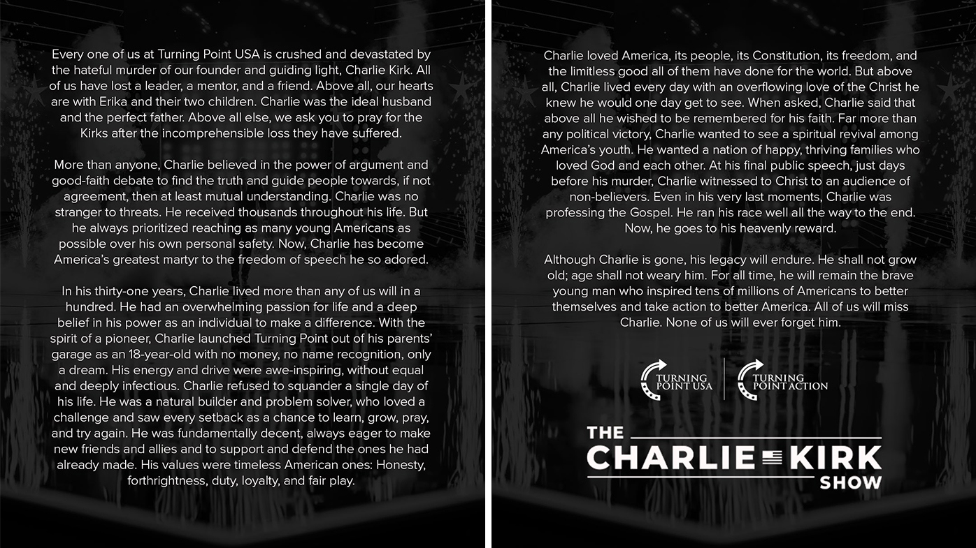 A tribute to Charlie Kirk posted on his X profile from his organisation Turning Point USA.