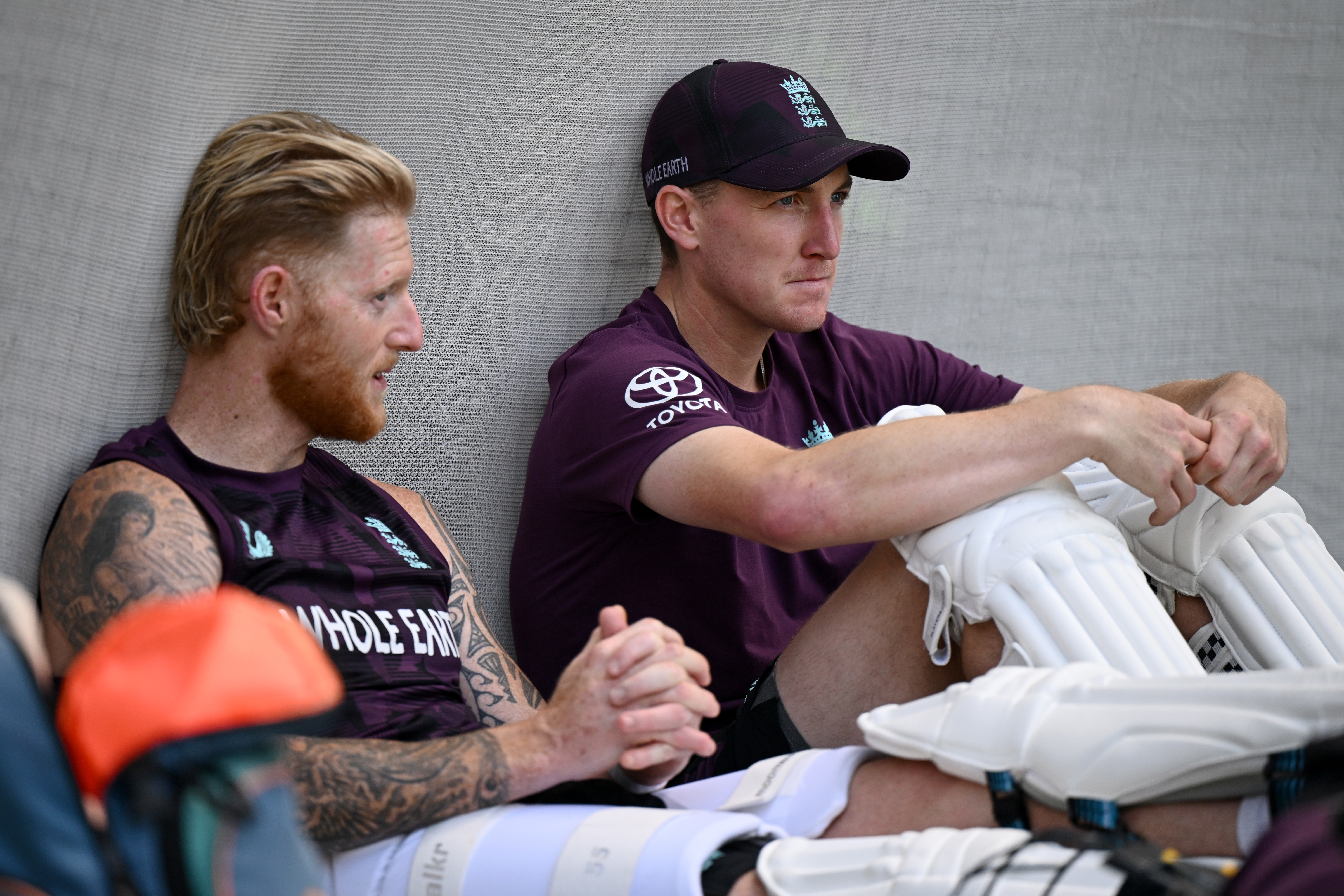 ADELAIDE, AUSTRALIA - DECEMBER 15: Harry Brook of England speaks with captain Ben Stokes during an England nets session at Adelaide Oval on December 15, 2025 in Adelaide, Australia. (Photo by Gareth Copley/Getty Images)