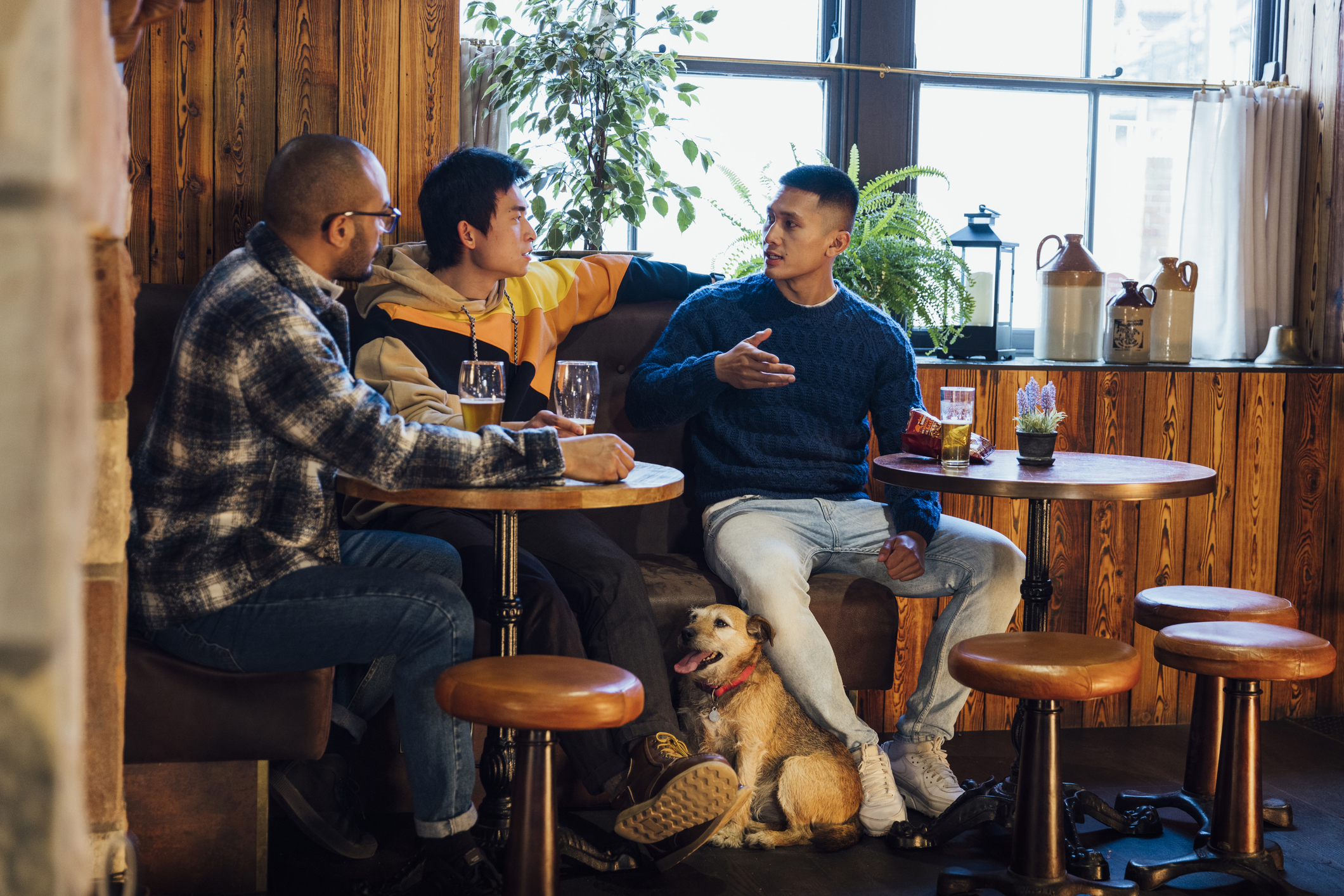 In the cozy ambiance of a pub in Northumberland, England a small group of men are gathered around a table enjoying pints of beer, they are wearing casual clothing and smiling while unwinding and having a chat, the pub is dog friendly.